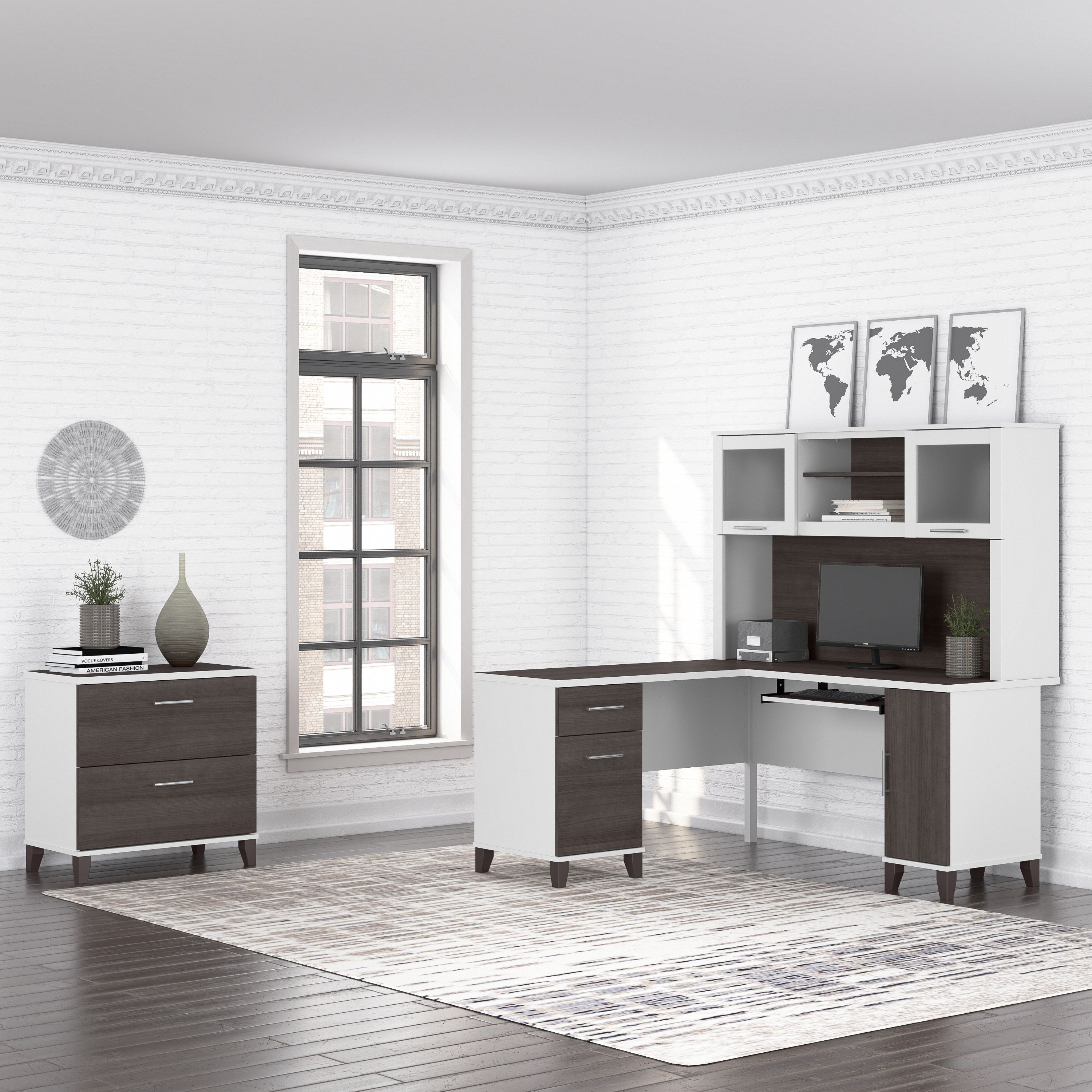 Shop Bush Furniture Somerset 60W L Shaped Desk with Hutch and Lateral File Cabinet 01 SET008SGWH #color_storm gray/white