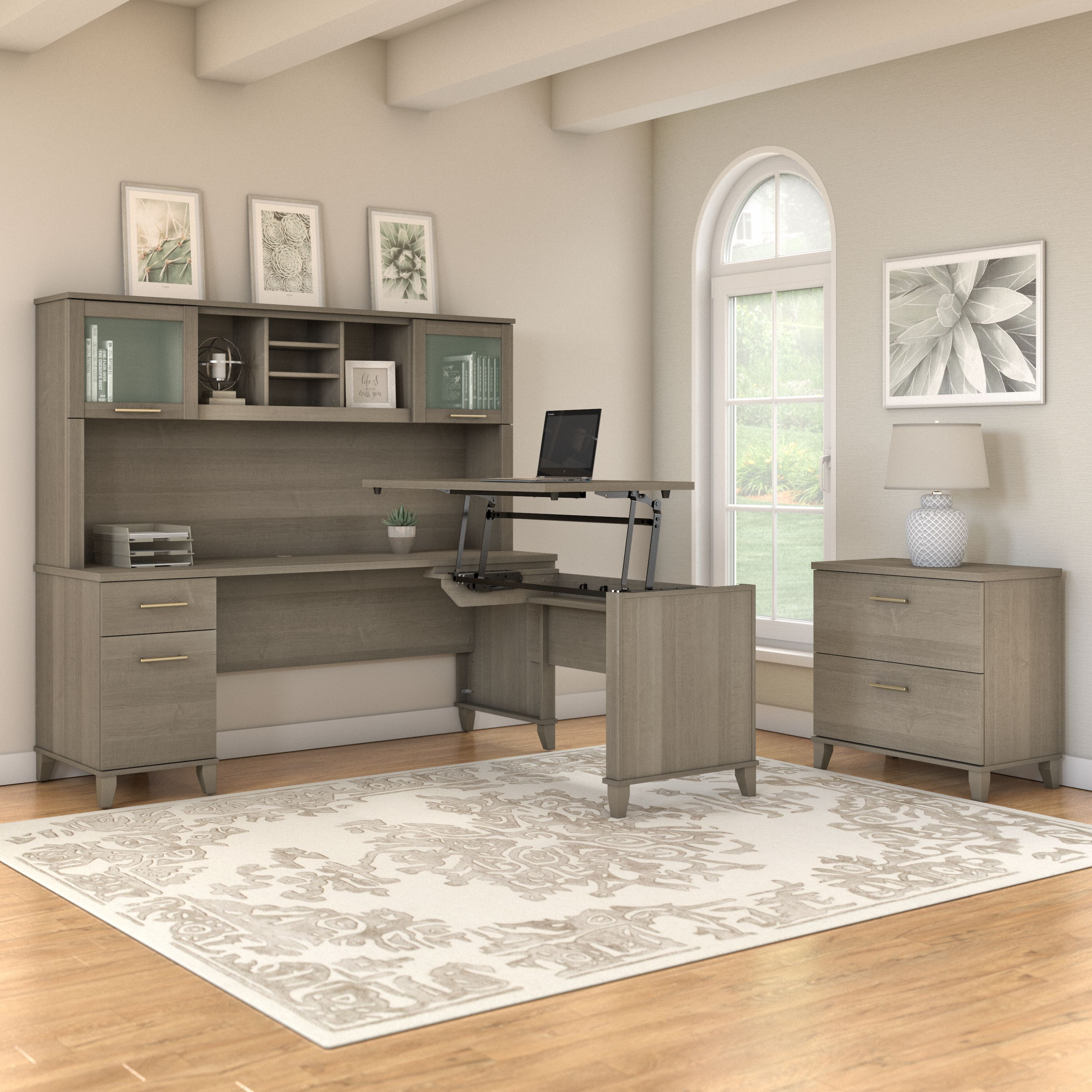 Shop Bush Furniture Somerset 72W 3 Position Sit to Stand L Shaped Desk with Hutch and File Cabinet 01 SET016AG #color_ash gray