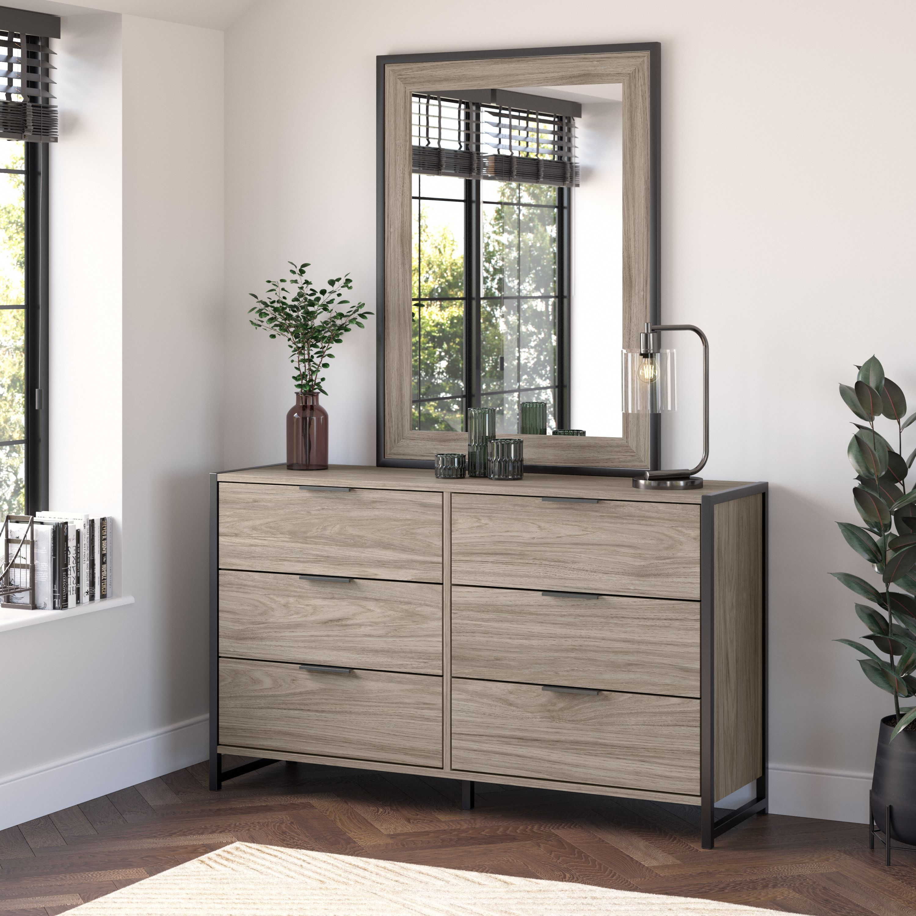 Shop Bush Furniture Atria 6 Drawer Dresser with Mirror 01 ATR015MH #color_modern hickory