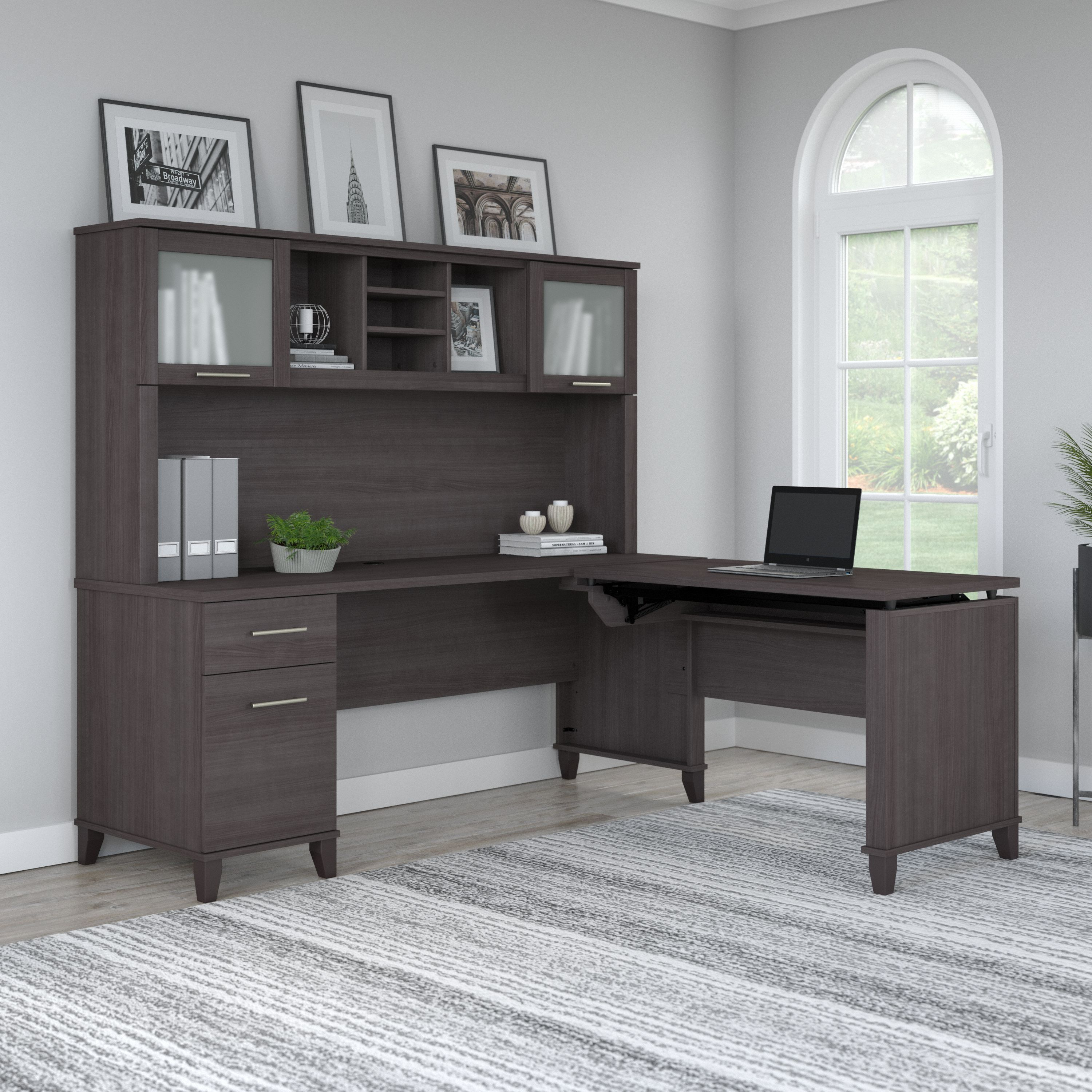 Shop Bush Furniture Somerset 72W 3 Position Sit to Stand L Shaped Desk with Hutch 06 SET015SG #color_storm gray