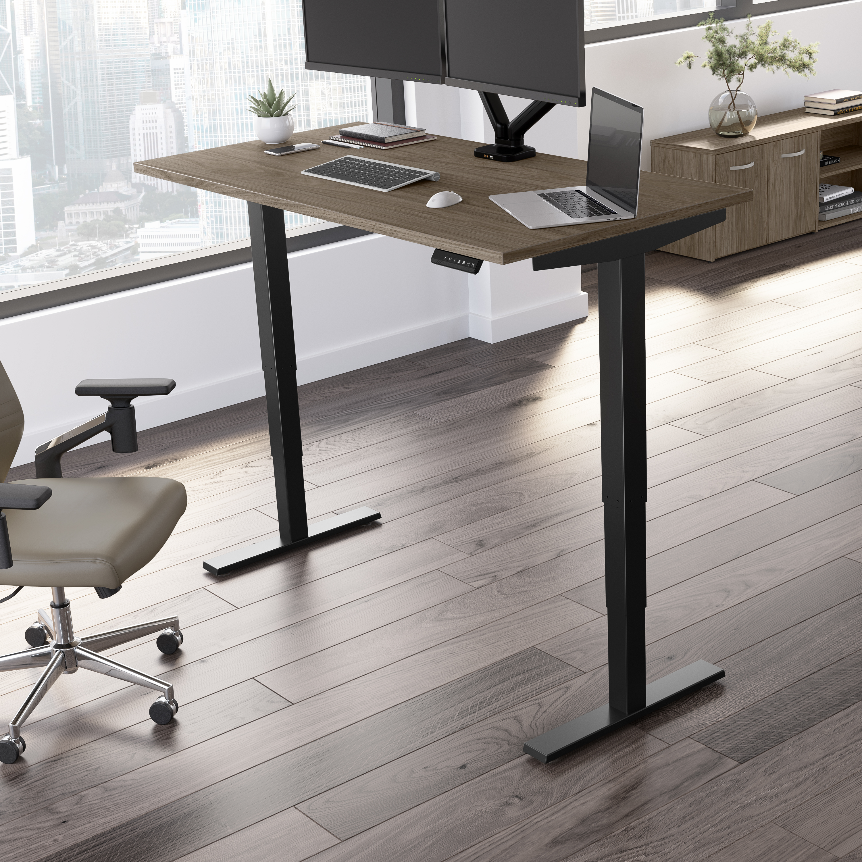 Shop Move 40 Series by Bush Business Furniture 60W x 30D Electric Height Adjustable Standing Desk 01 M4S6030MHBK #color_modern hickory/black powder coat