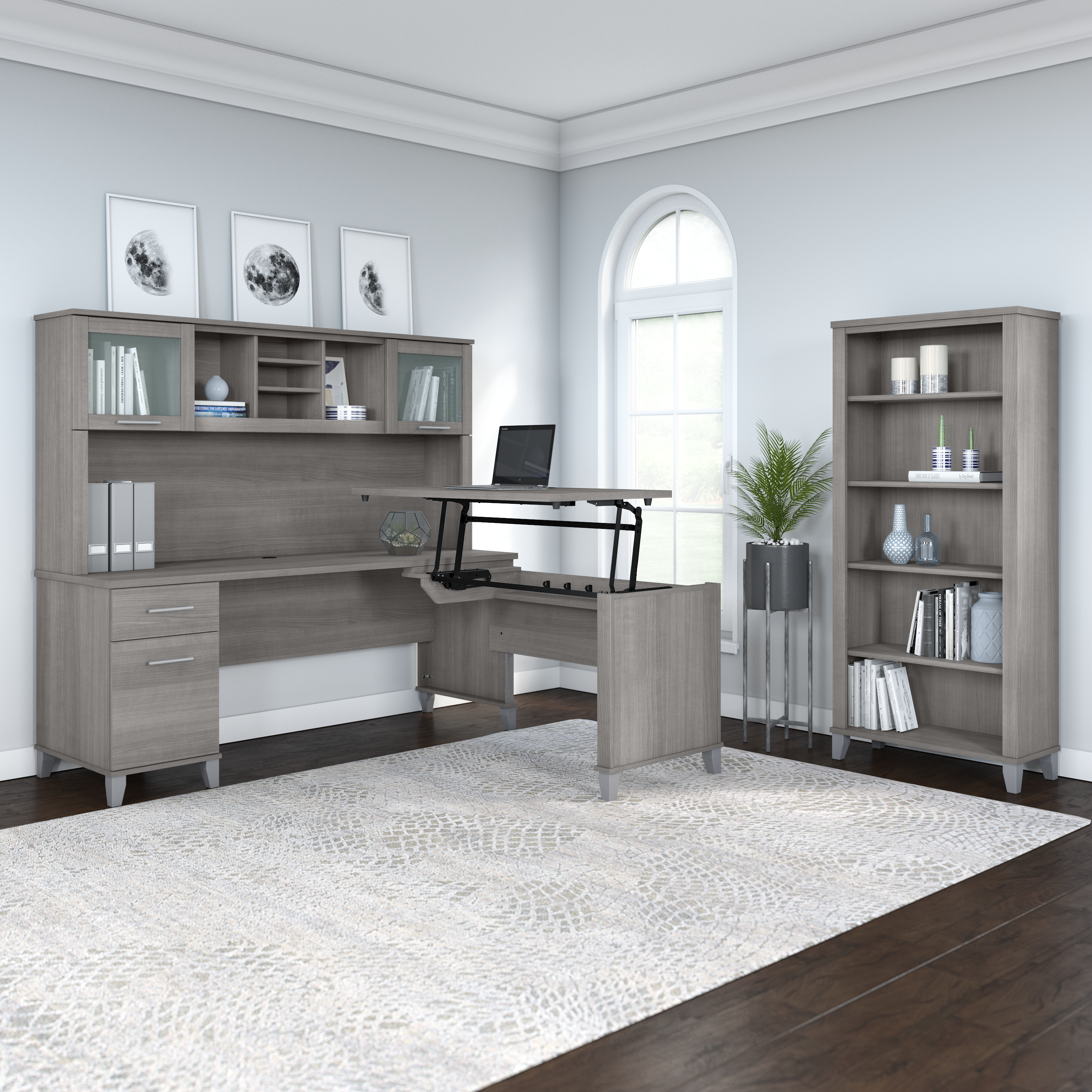 Shop Bush Furniture Somerset 72W 3 Position Sit to Stand L Shaped Desk with Hutch and Bookcase 01 SET017PG #color_platinum gray
