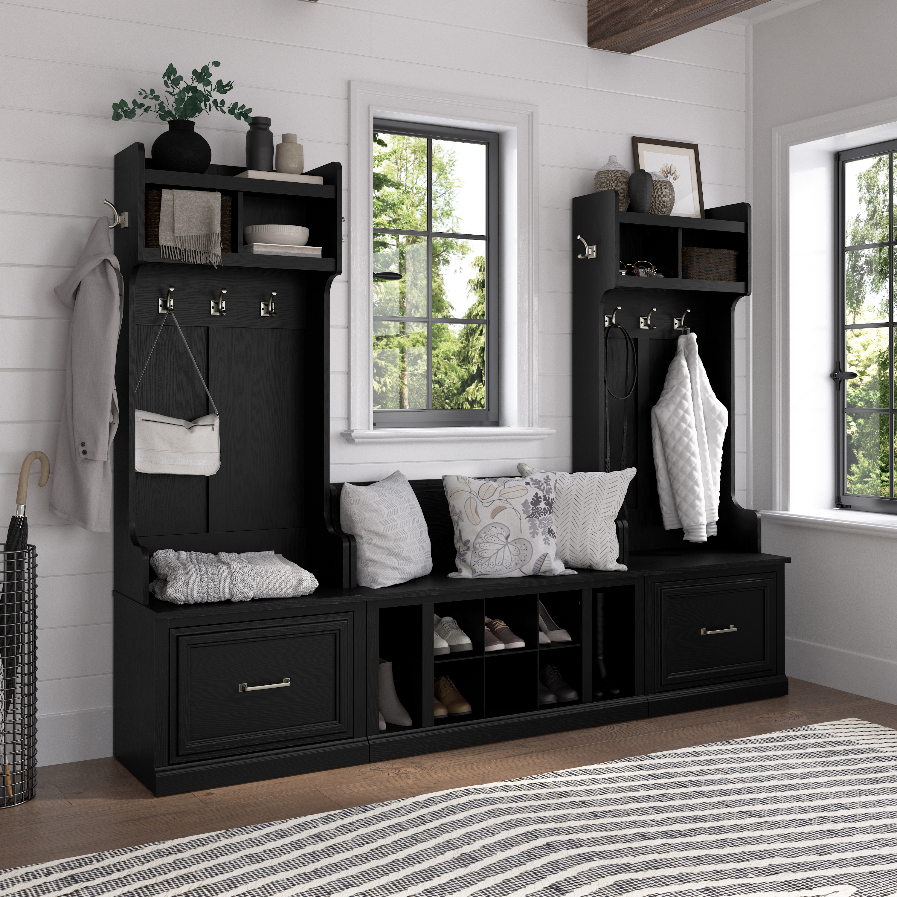 Shop Bush Furniture Woodland Entryway Storage Set with Hall Trees and Shoe Bench with Drawers 01 WDL012BS #color_black suede oak