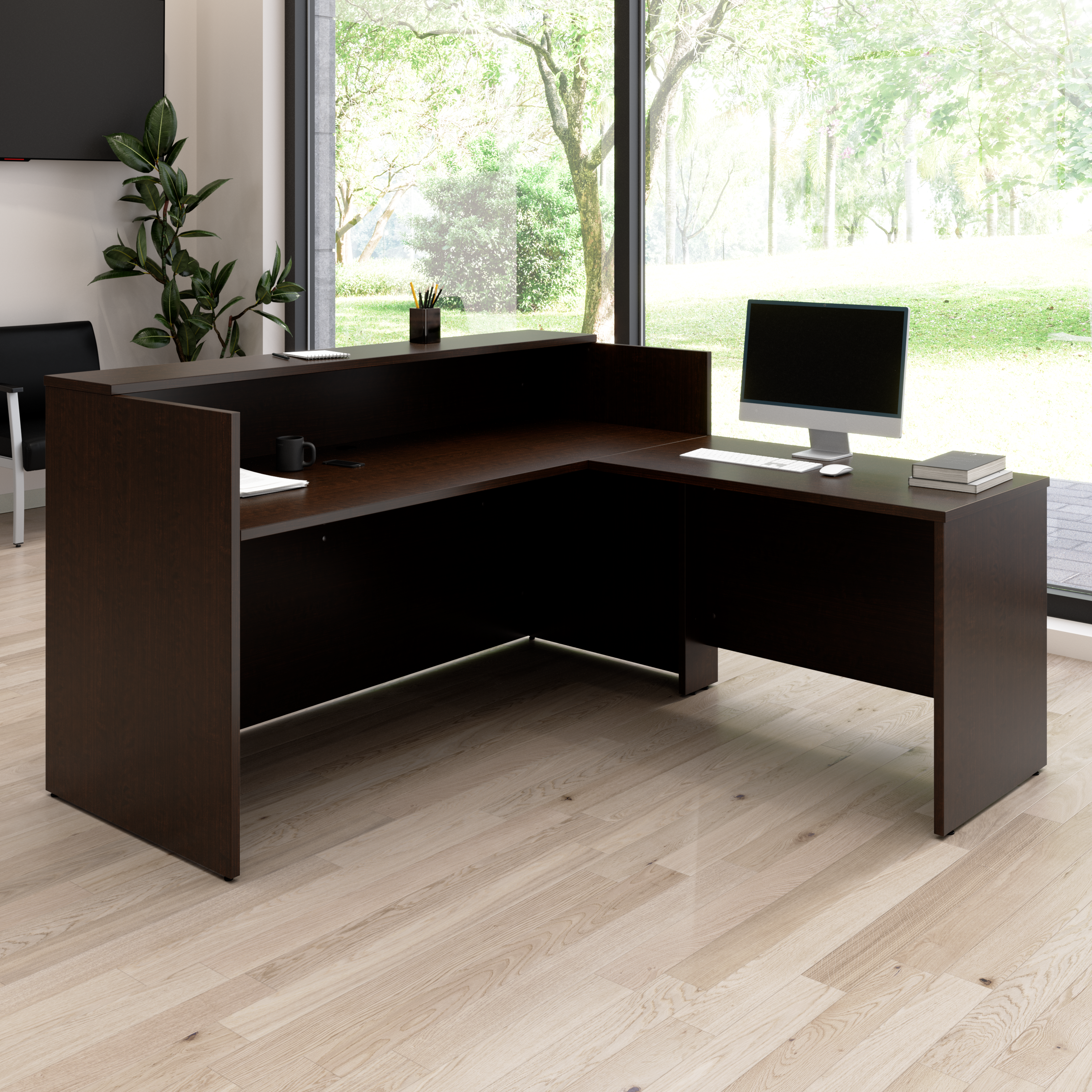 Shop Bush Business Furniture Arrive 72W x 72D L Shaped Reception Desk with Shelf 01 ARV006MR #color_mocha cherry