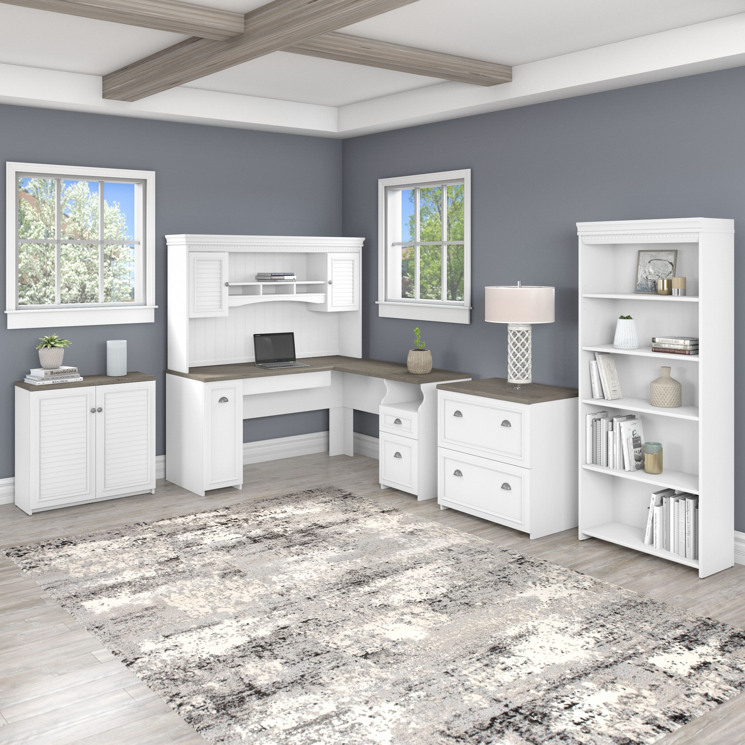 Shop Bush Furniture Fairview 60W L Shaped Desk with Hutch, File Cabinet, Bookcase and Storage 01 FV013G2W #color_shiplap gray/pure white