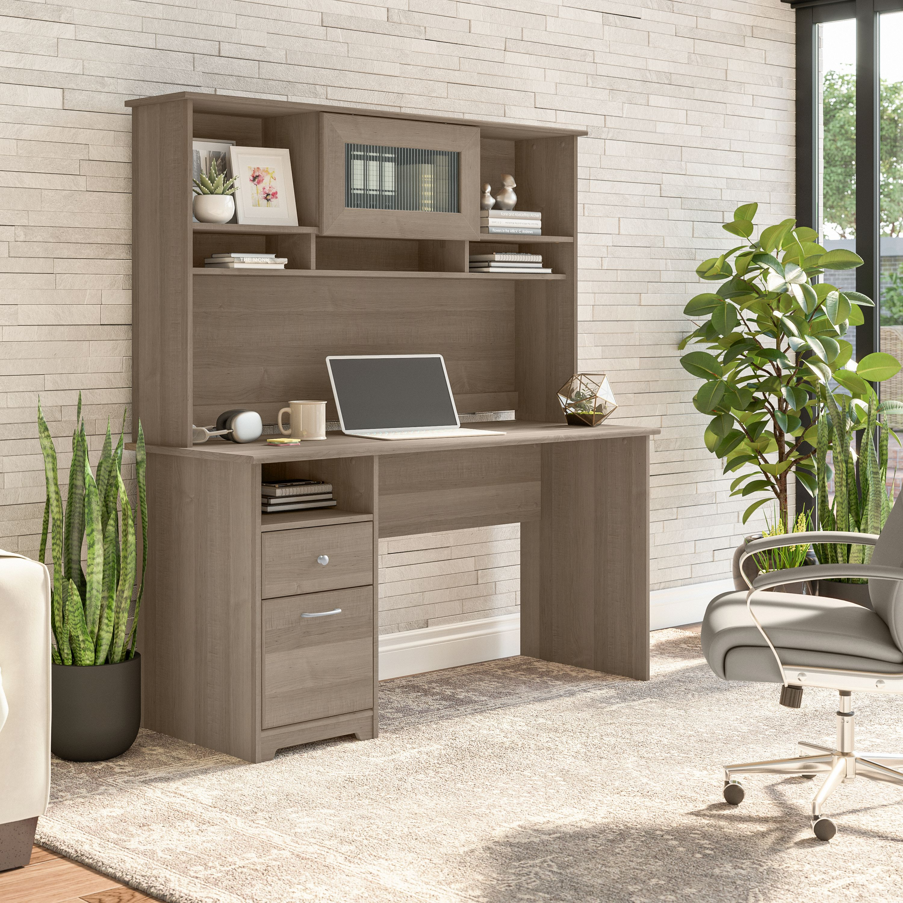 Shop Bush Furniture Cabot 60W Computer Desk with Hutch 01 CAB042AG #color_ash gray