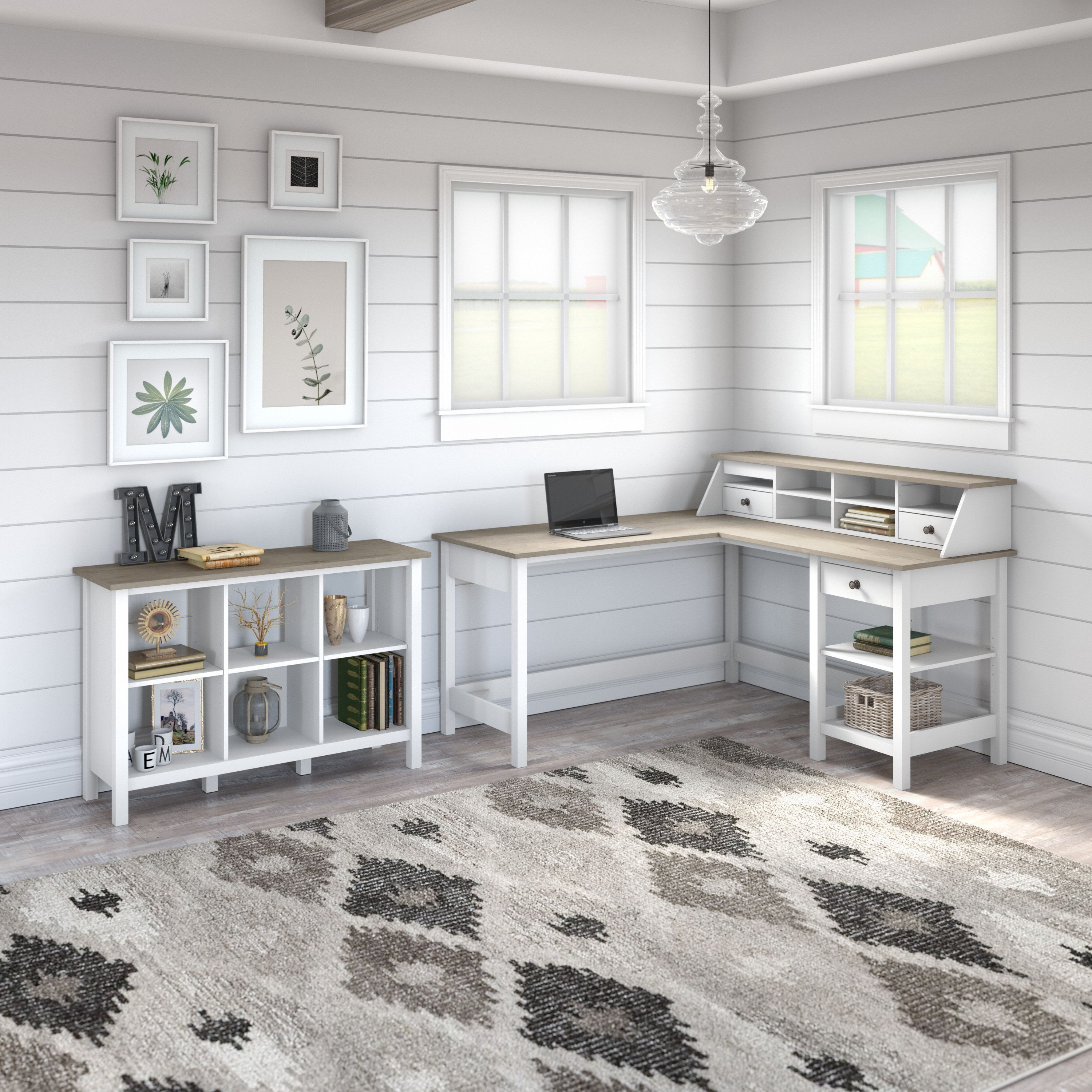 Shop Bush Furniture Mayfield 60W L Shaped Computer Desk with Desktop Organizer and 6 Cube Bookcase 01 MAY013GW2 #color_shiplap gray/pure white