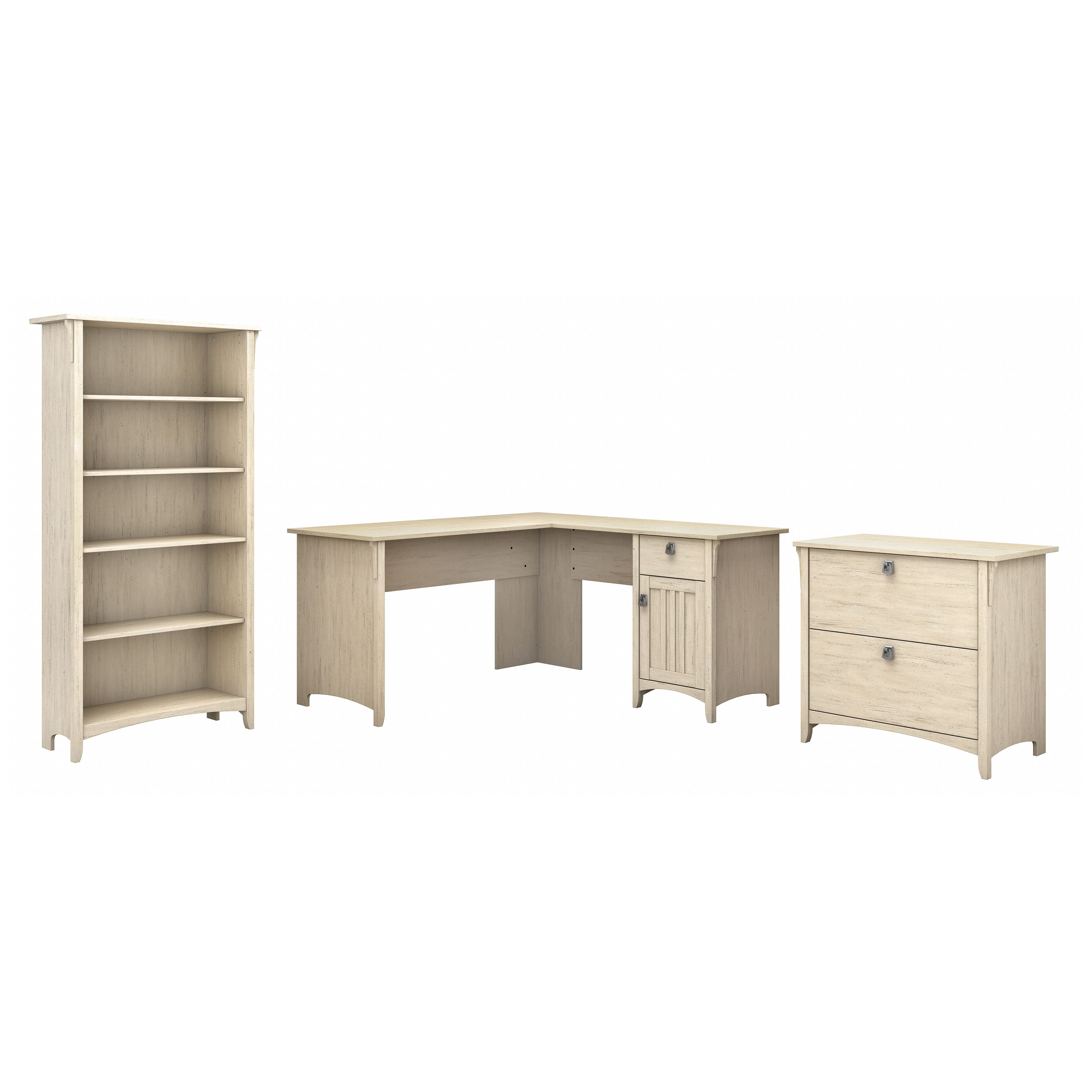 Shop Bush Furniture Salinas 60W L Shaped Desk with Lateral File Cabinet and 5 Shelf Bookcase 02 SAL003AW #color_antique white