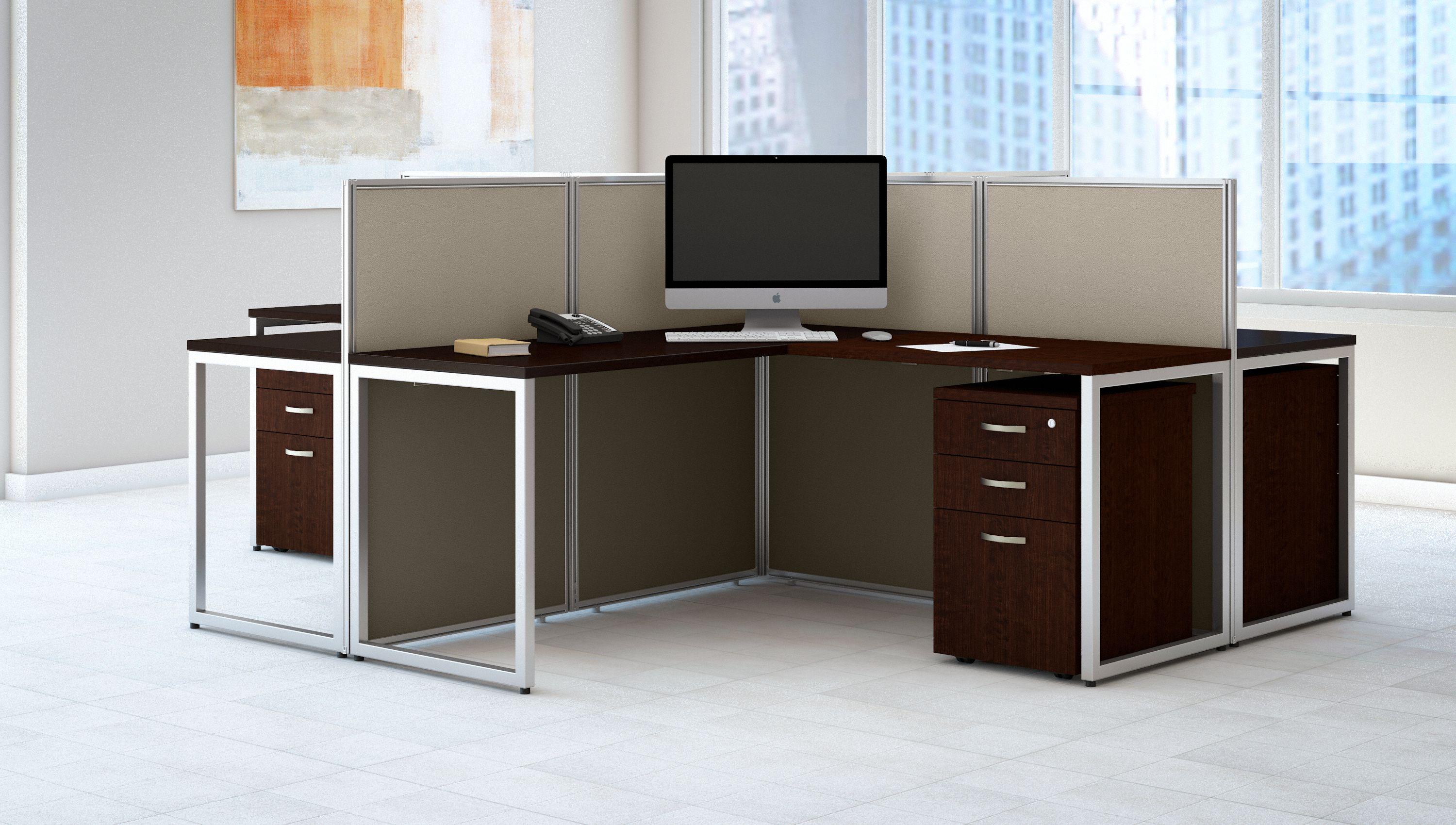Shop Bush Business Furniture Easy Office 60W 4 Person L Shaped Cubicle Desk with Drawers and 45H Panels 01 EOD760SMR-03K #color_mocha cherry