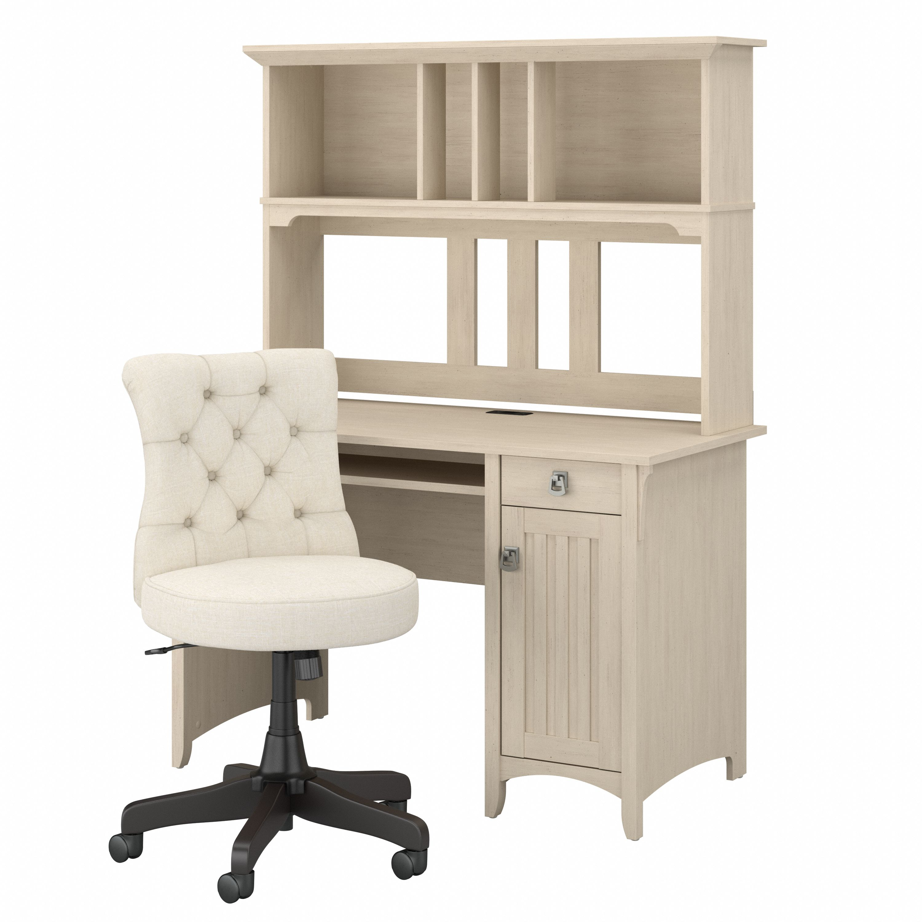 Shop Bush Furniture Salinas 48W Computer Desk with Hutch and Mid Back Tufted Office Chair 02 SAL012AW #color_antique white