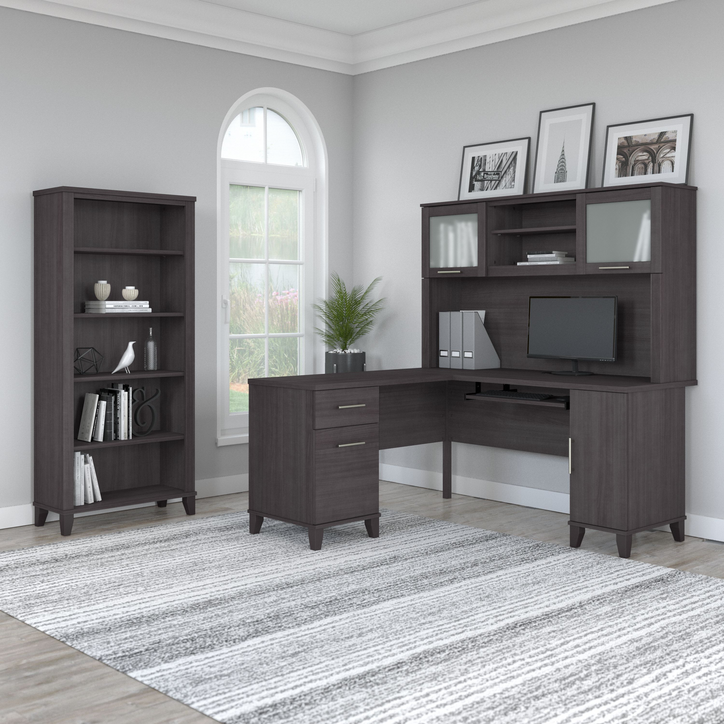Shop Bush Furniture Somerset 60W L Shaped Desk with Hutch and 5 Shelf Bookcase 01 SET010SG #color_storm gray