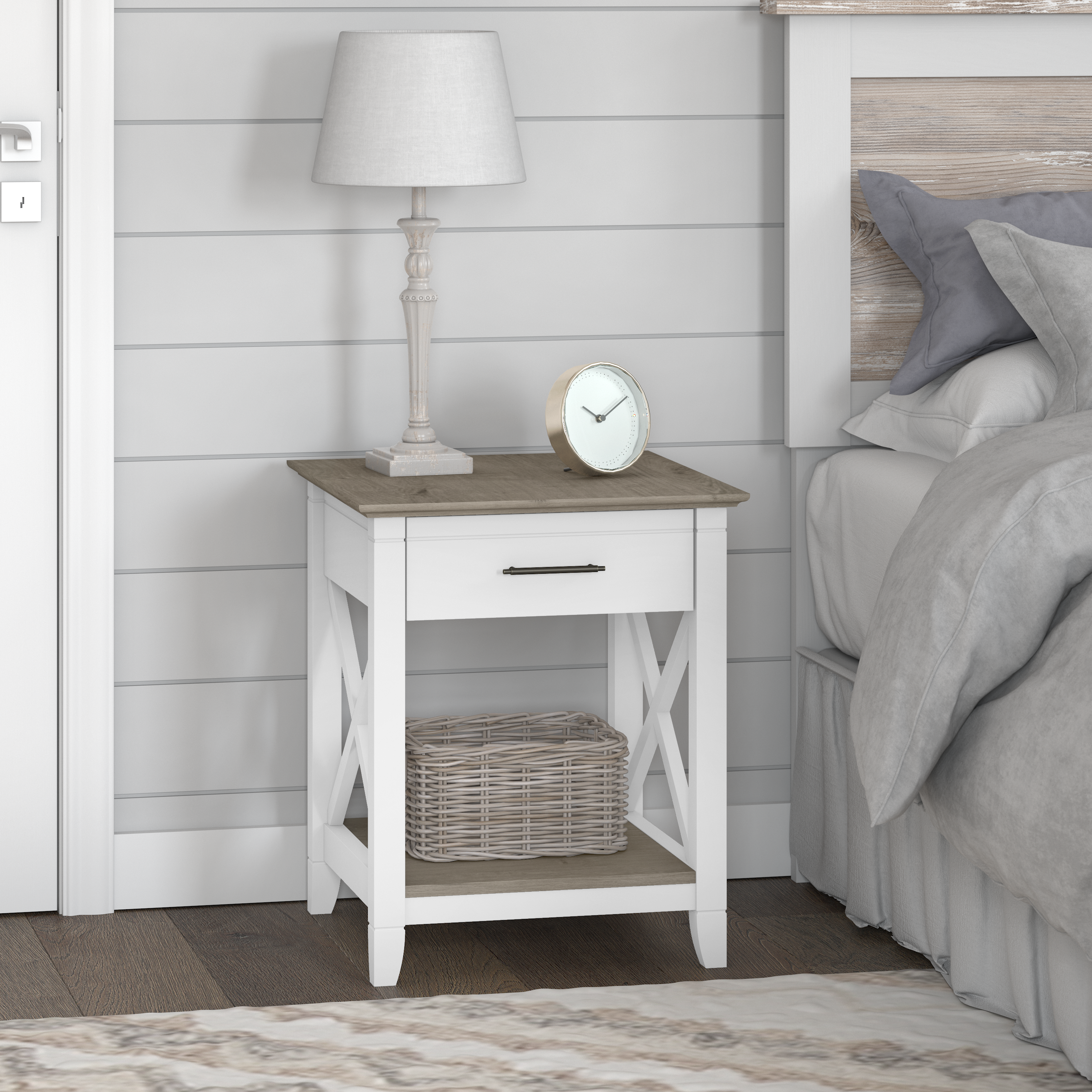 Shop Bush Furniture Key West Nightstand with Drawer 01 KWT120G2W-Z #color_shiplap gray/pure white