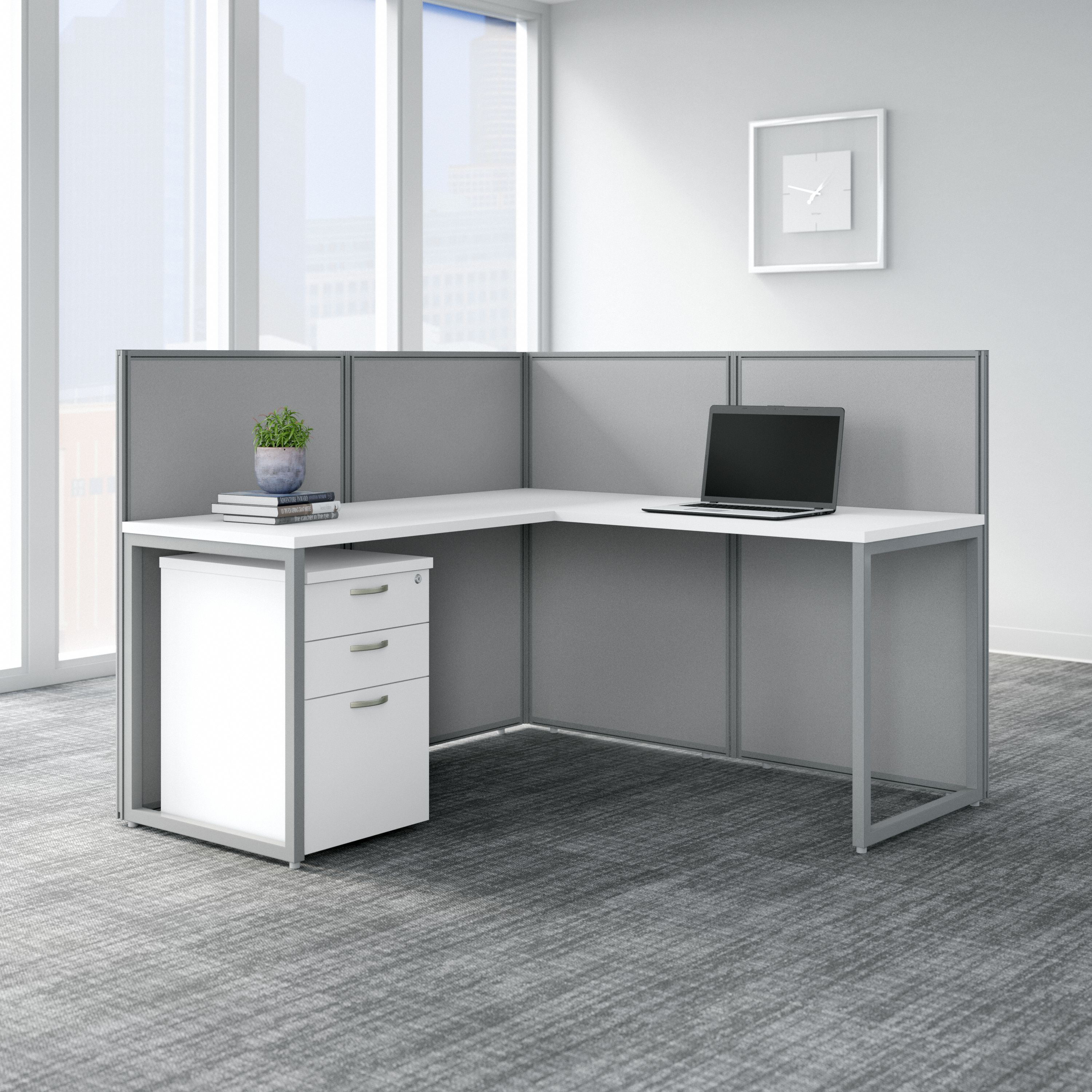 Shop Bush Business Furniture Easy Office 60W L Shaped Cubicle Desk with File Cabinet and 45H Panels 01 EOD360SWH-03K #color_pure white/silver gray fabric