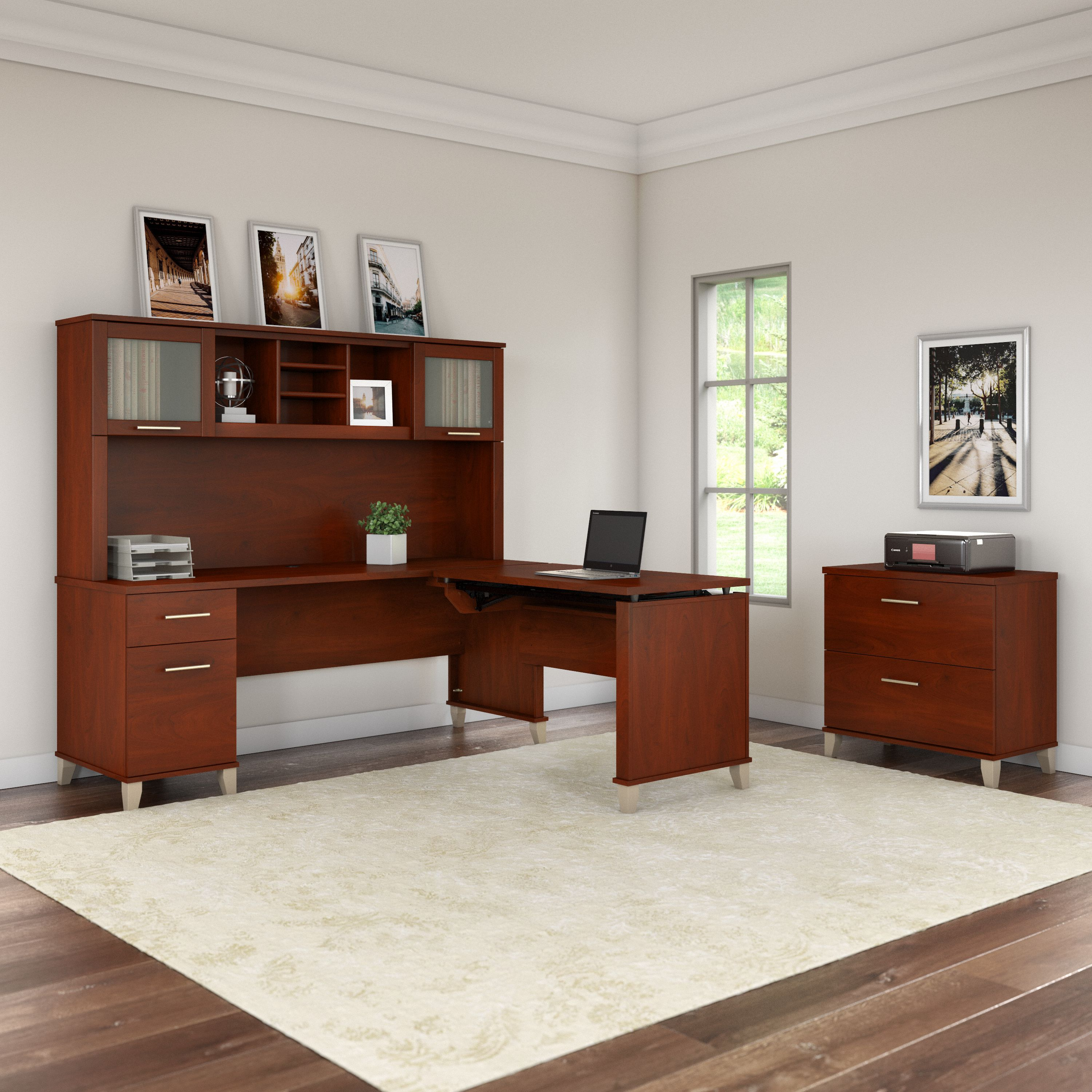 Shop Bush Furniture Somerset 72W 3 Position Sit to Stand L Shaped Desk with Hutch and File Cabinet 06 SET016HC #color_hansen cherry
