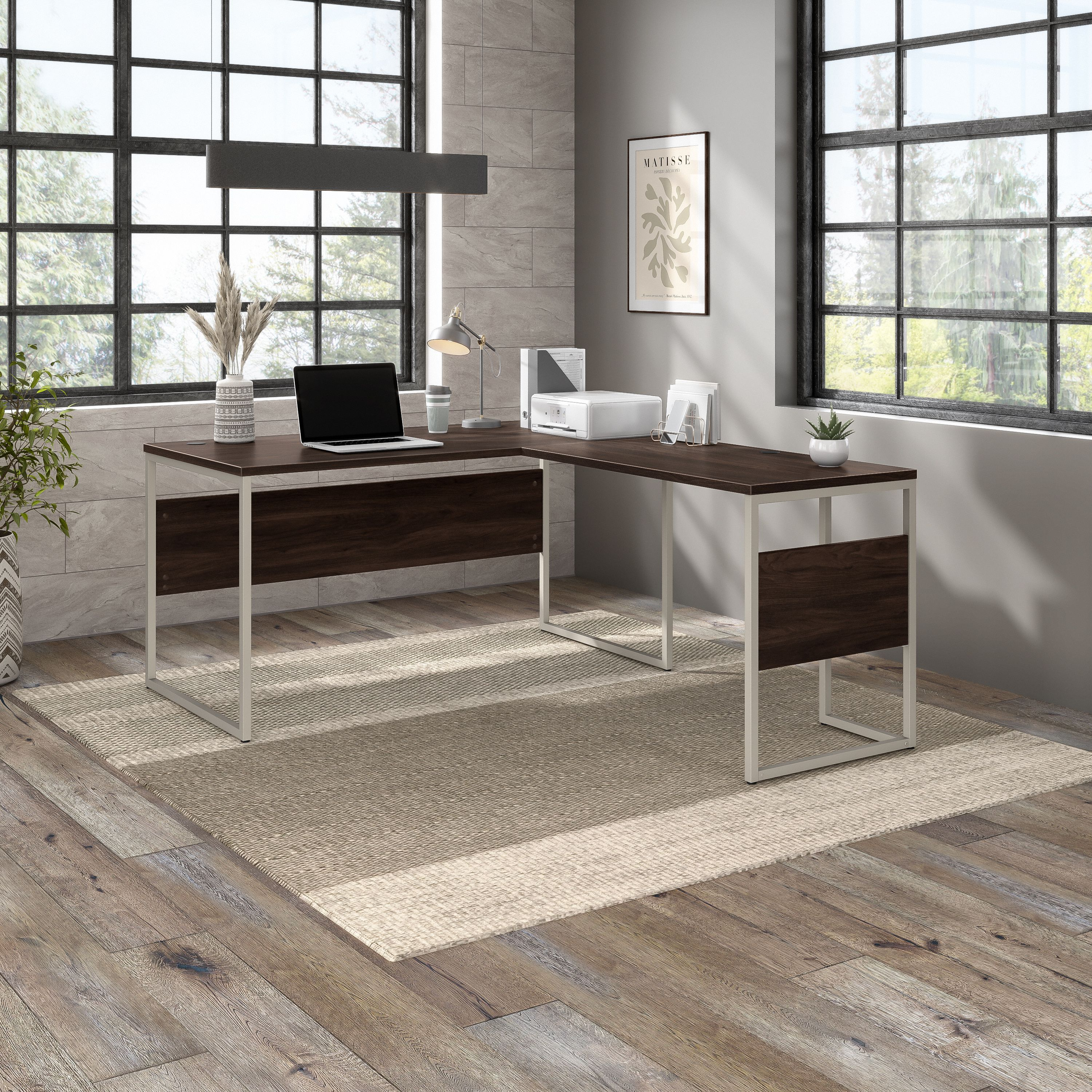 Shop Bush Business Furniture Hybrid 60W x 30D L Shaped Table Desk with Metal Legs 01 HYB027BW #color_black walnut