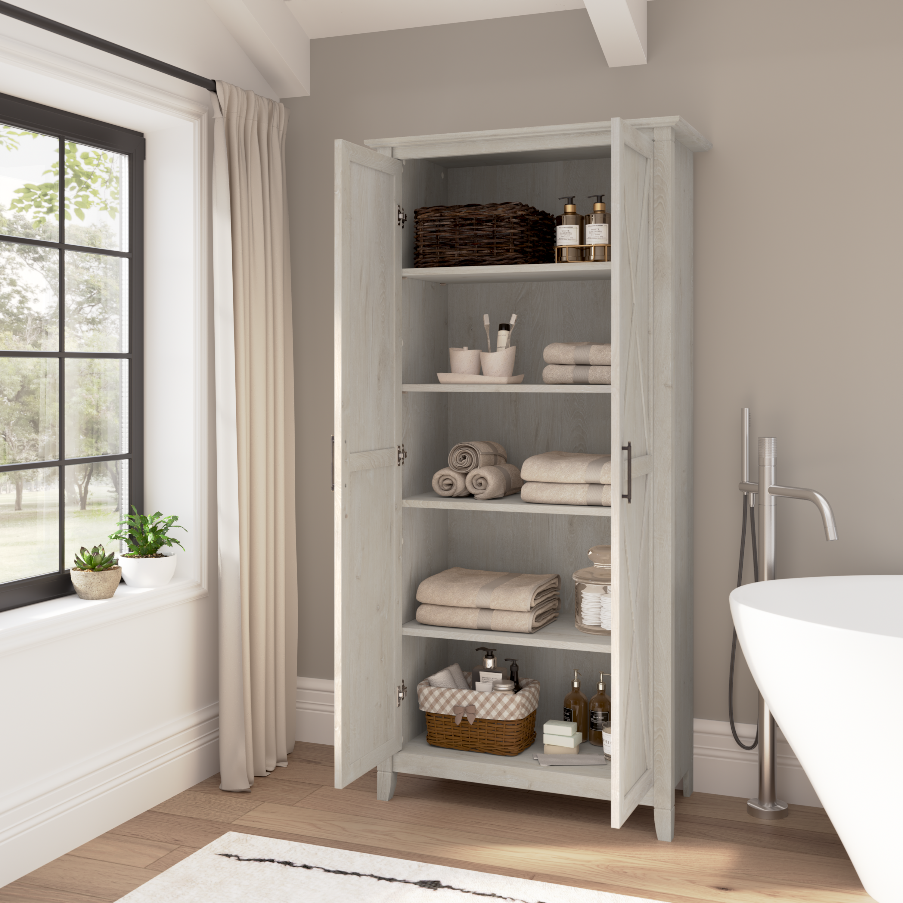 Shop Bush Furniture Key West Tall Bathroom Cabinet with Doors and Shelves 06 KWS266LW-Z1 #color_linen white oak/pure white