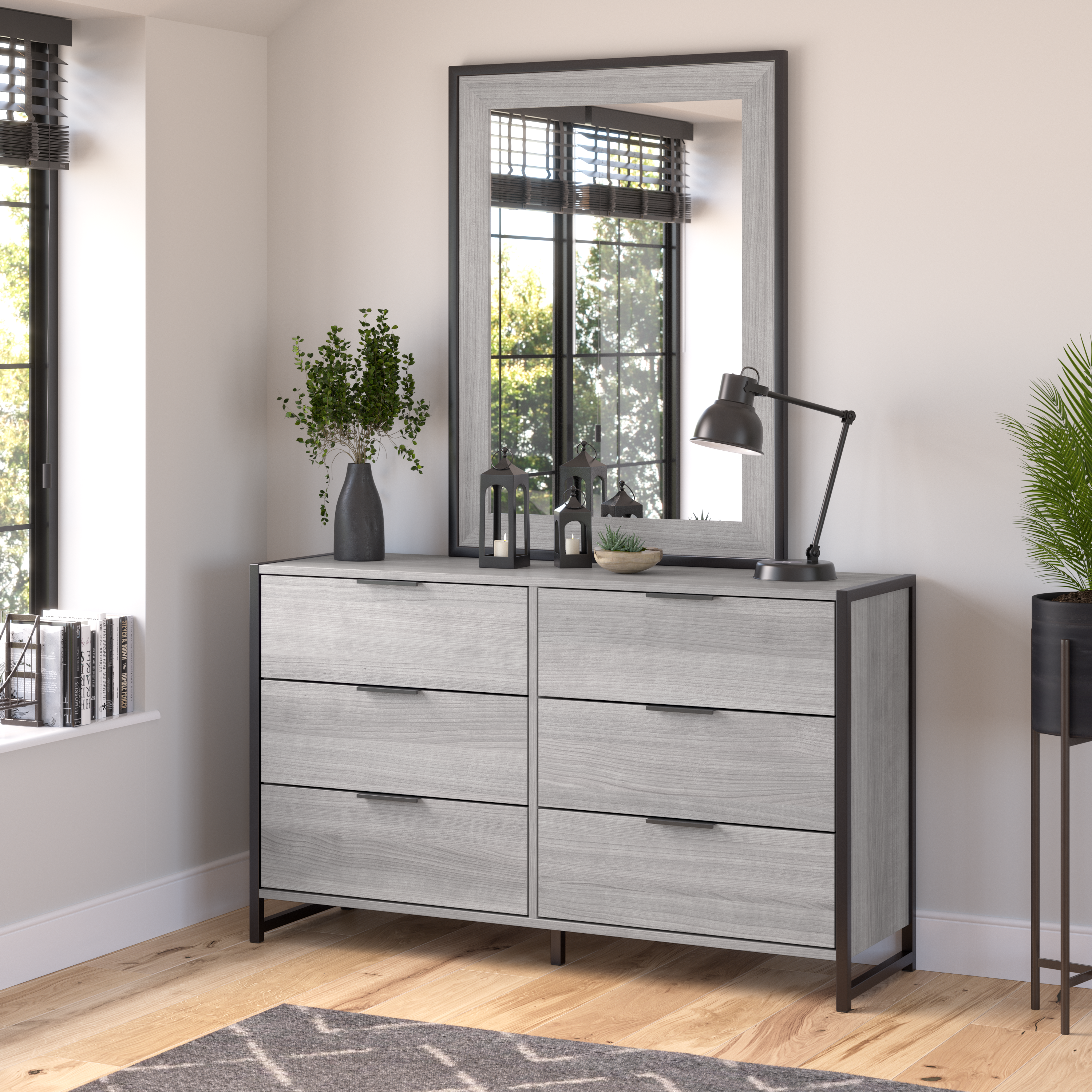 Shop Bush Furniture Atria 6 Drawer Dresser with Mirror 01 ATR015PG #color_platinum gray