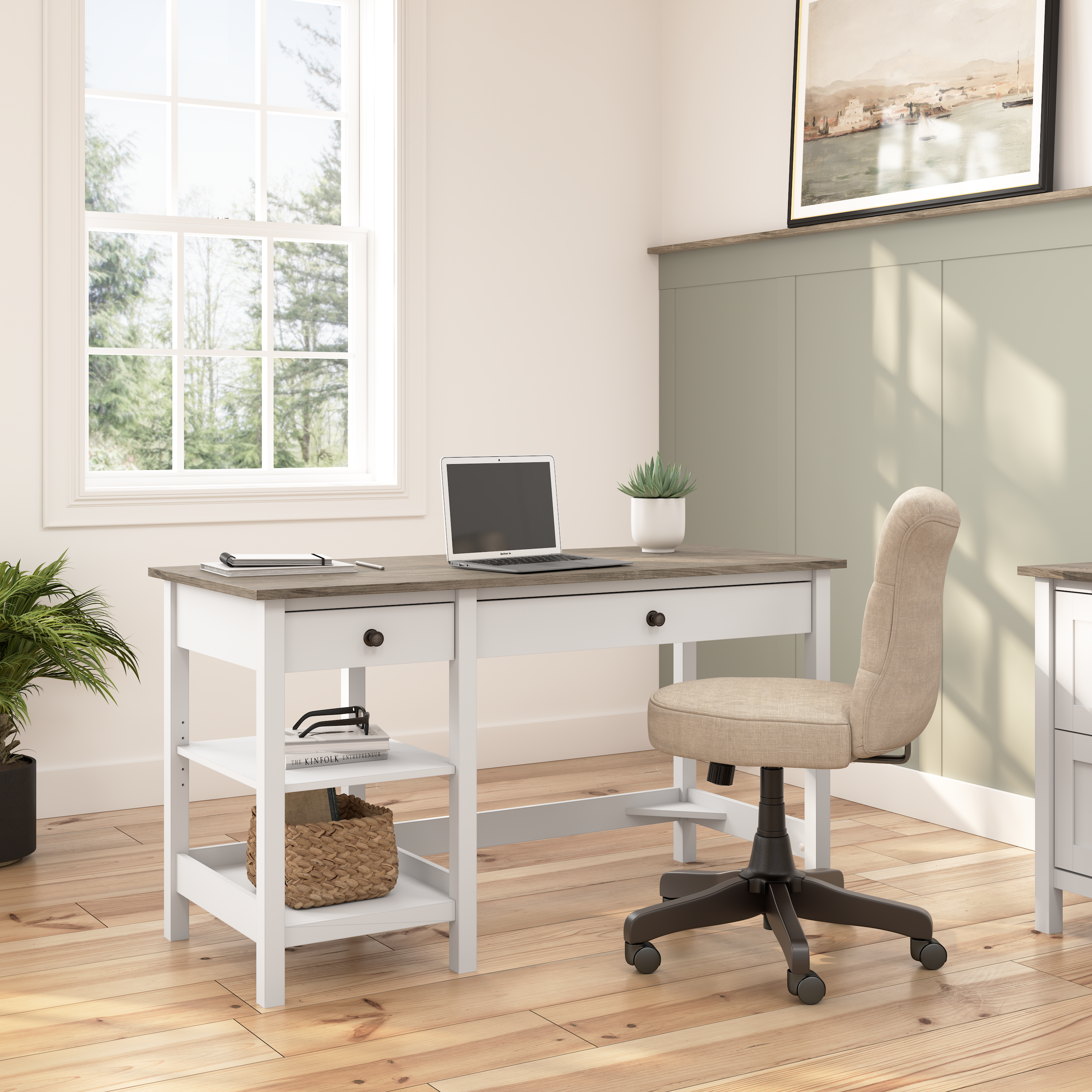 Shop Bush Furniture Mayfield 54W Computer Desk with Shelves 01 MAD154GW2-03 #color_shiplap gray/pure white