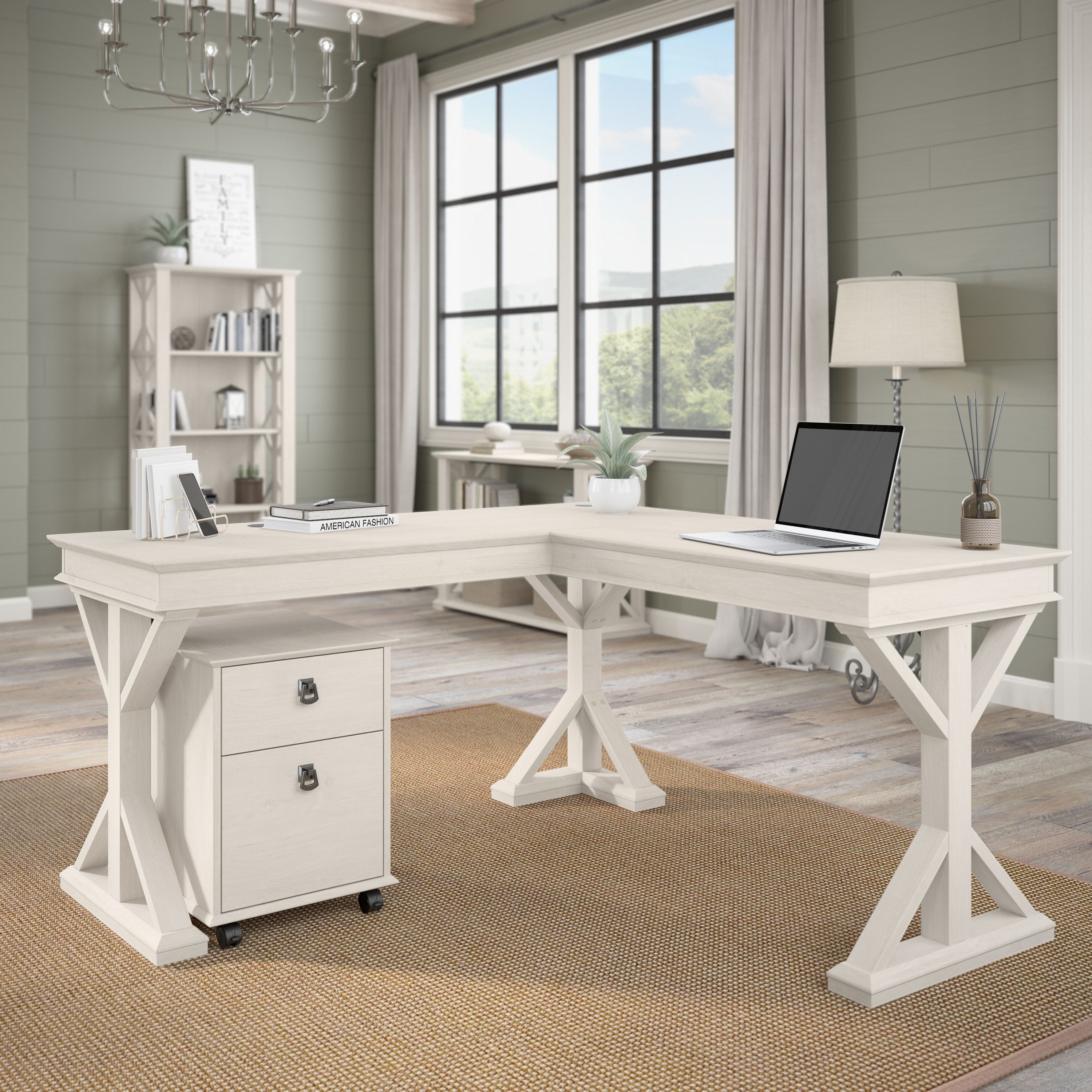 Shop Bush Furniture Homestead 60W Farmhouse L Shaped Desk with Mobile File Cabinet 01 HOT002LW #color_linen white oak