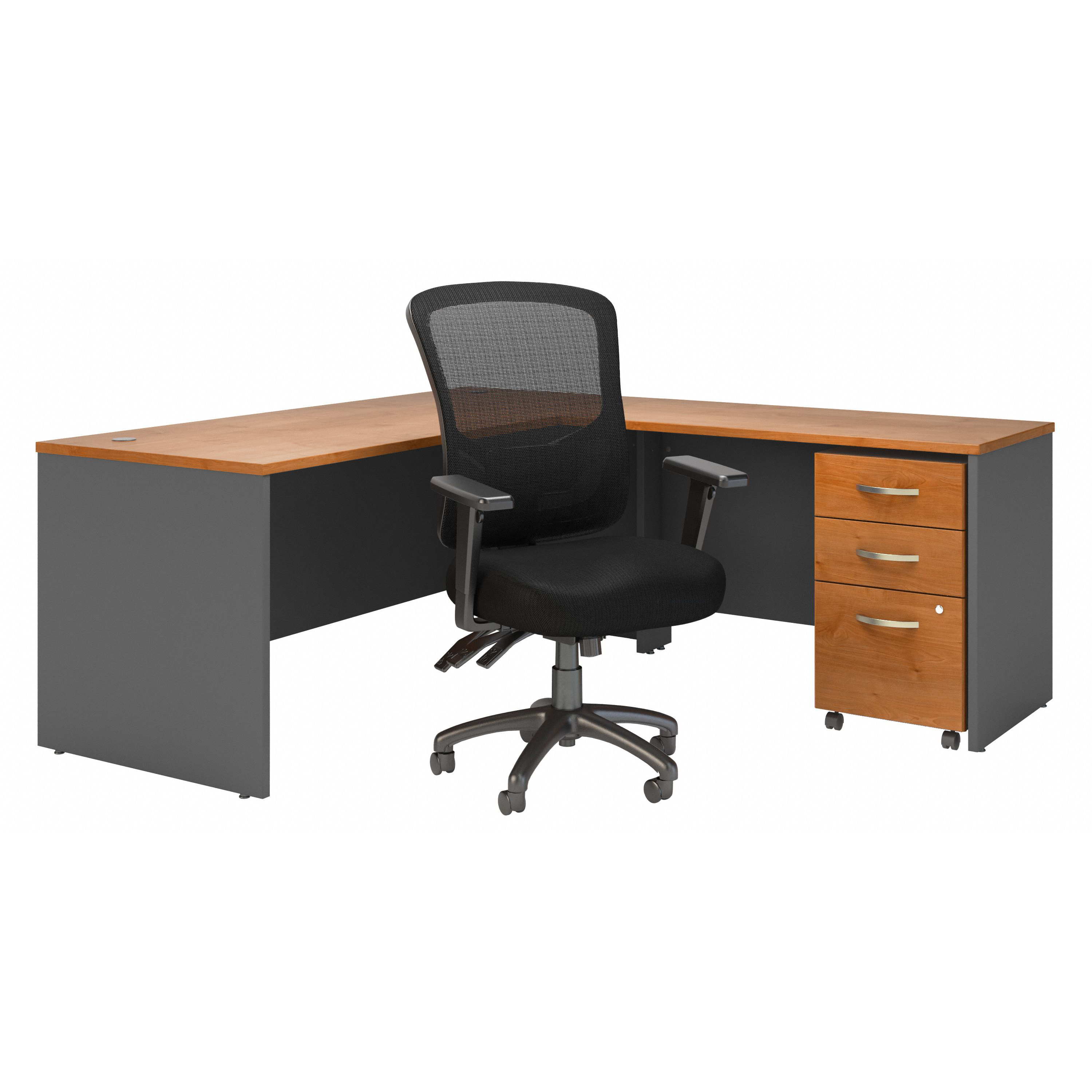Shop Bush Business Furniture Series C 72W L Shaped Desk with Mobile File Cabinet and High Back Multifunction Office Chair 02 SRC131NCSU #color_natural cherry/graphite gray