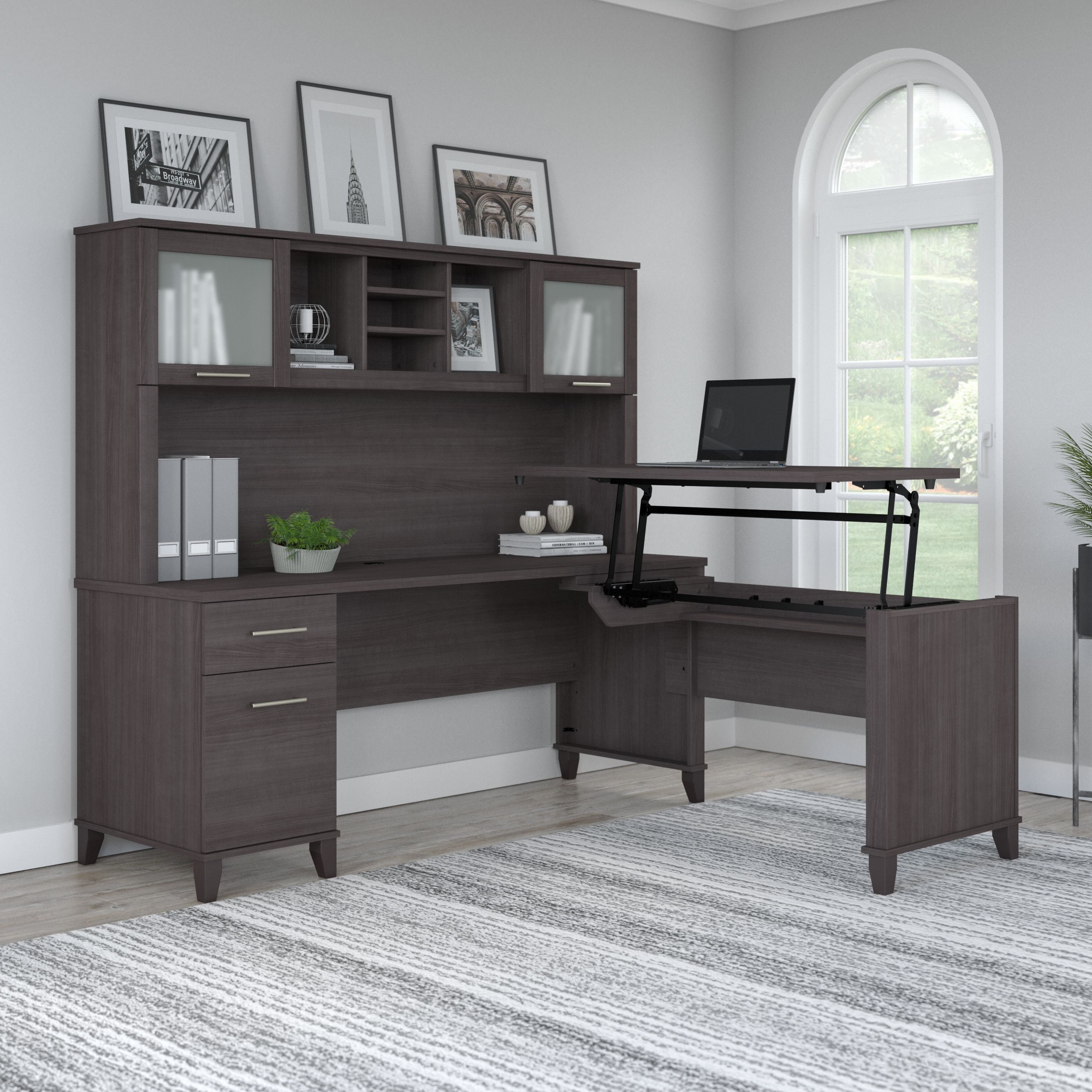 Shop Bush Furniture Somerset 72W 3 Position Sit to Stand L Shaped Desk with Hutch 01 SET015SG #color_storm gray