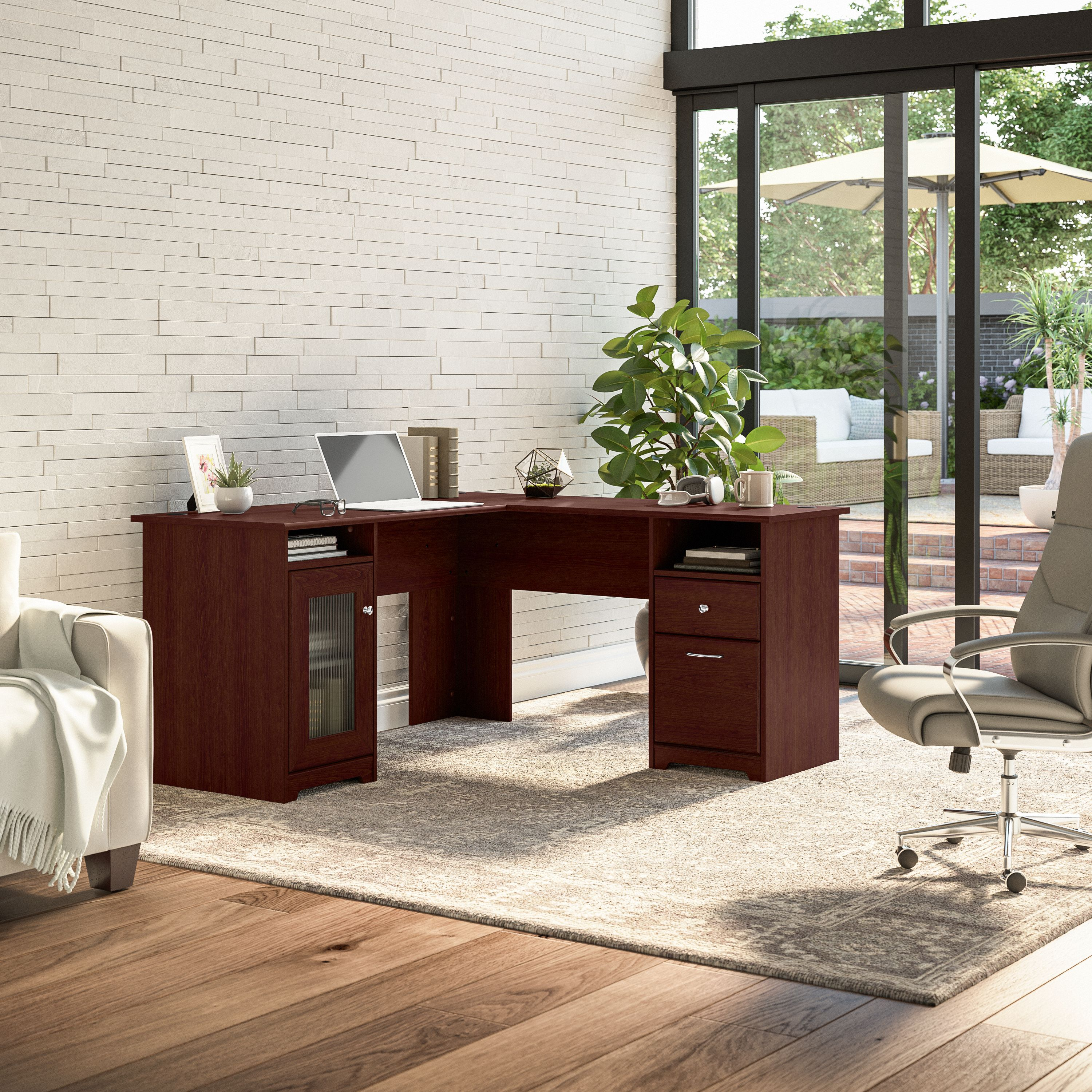 Shop Bush Furniture Cabot 60W L Shaped Computer Desk with Storage 01 WC31430K #color_harvest cherry