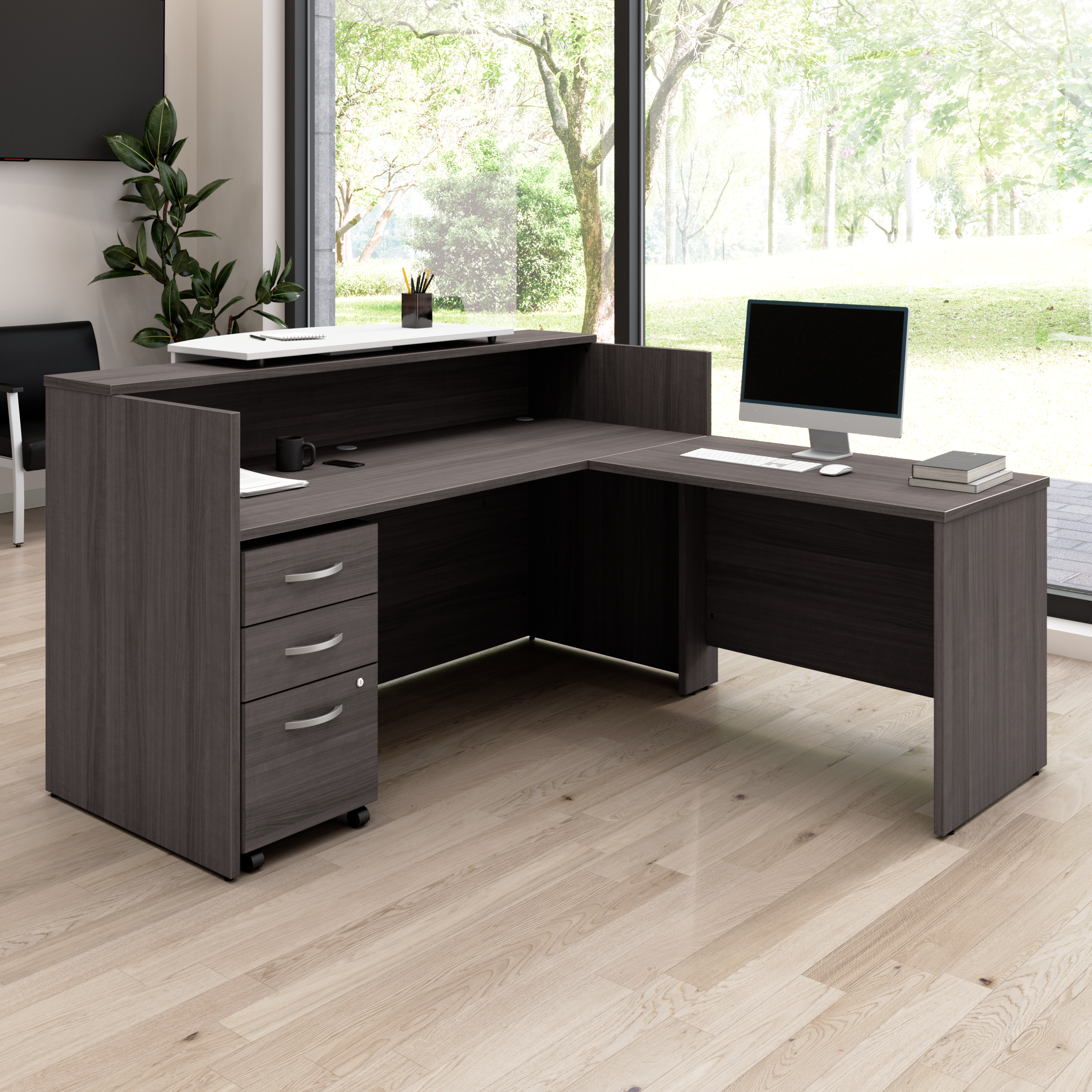 Shop Bush Business Furniture Arrive 72W x 72D L Shaped Reception Desk with Counter and Mobile File Cabinet 01 ARV010SG #color_storm gray