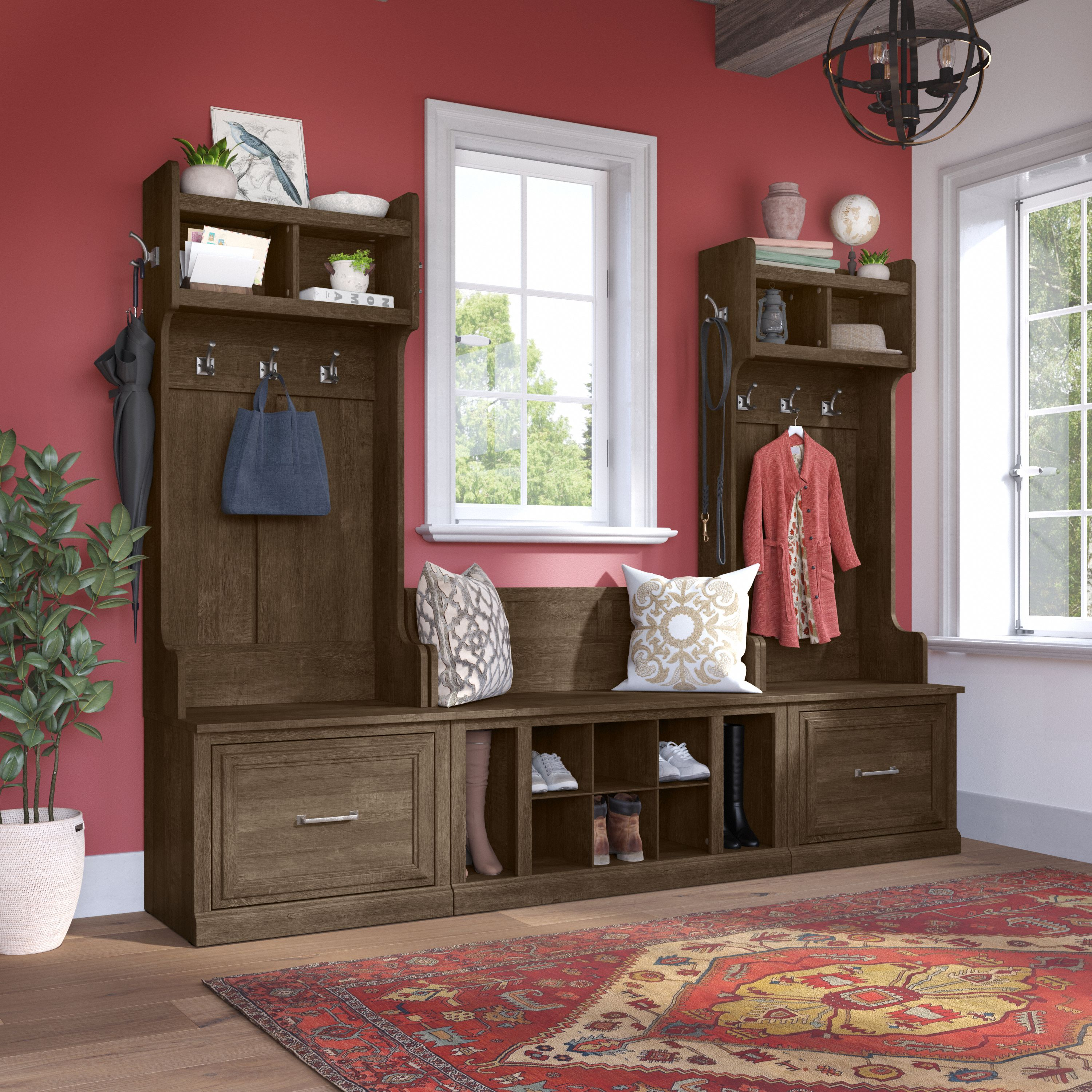 Shop Bush Furniture Woodland Entryway Storage Set with Hall Trees and Shoe Bench with Drawers 01 WDL012ABR #color_ash brown