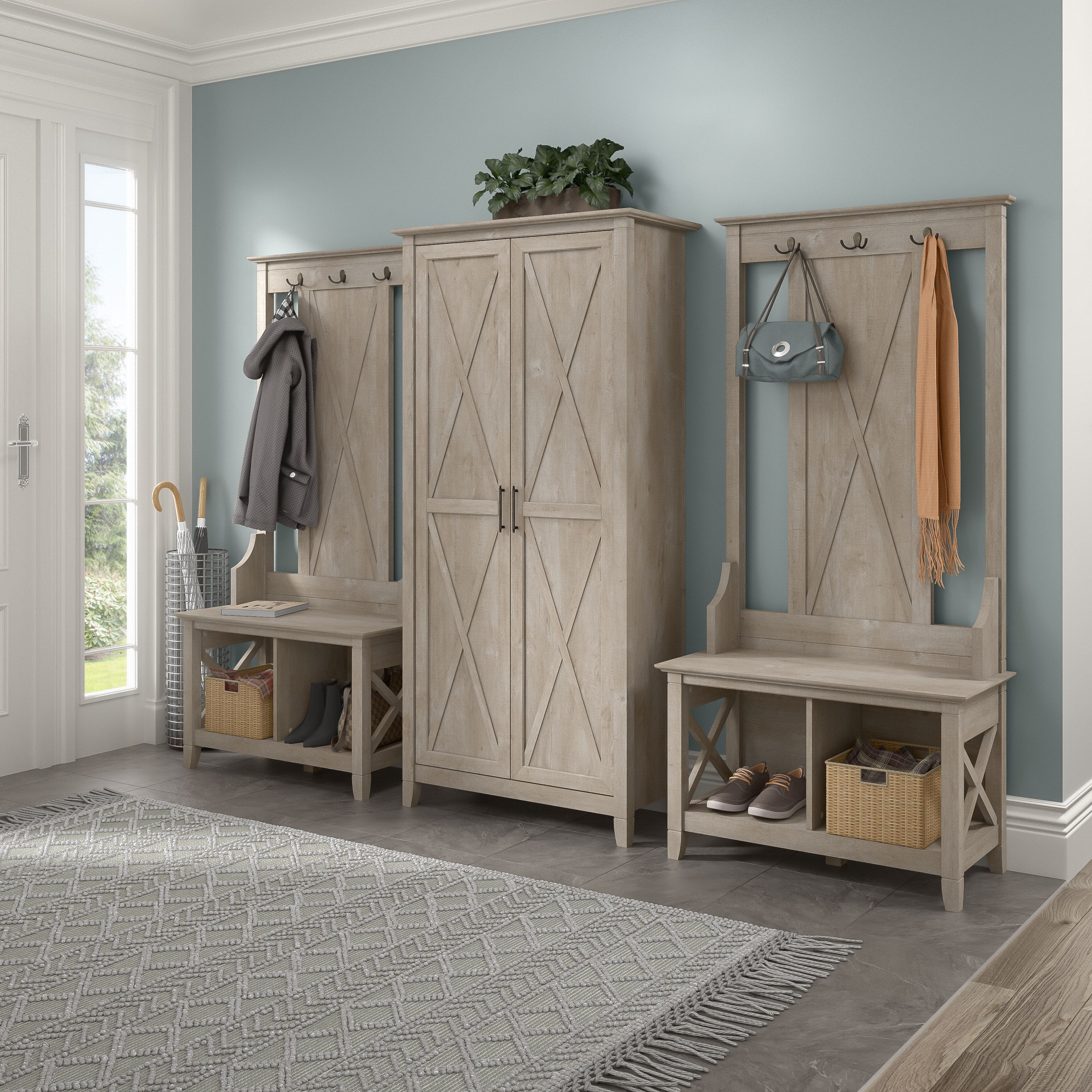 Shop Bush Furniture Key West Entryway Storage Set with Hall Tree, Shoe Bench and Tall Cabinet 01 KWS057WG #color_washed gray
