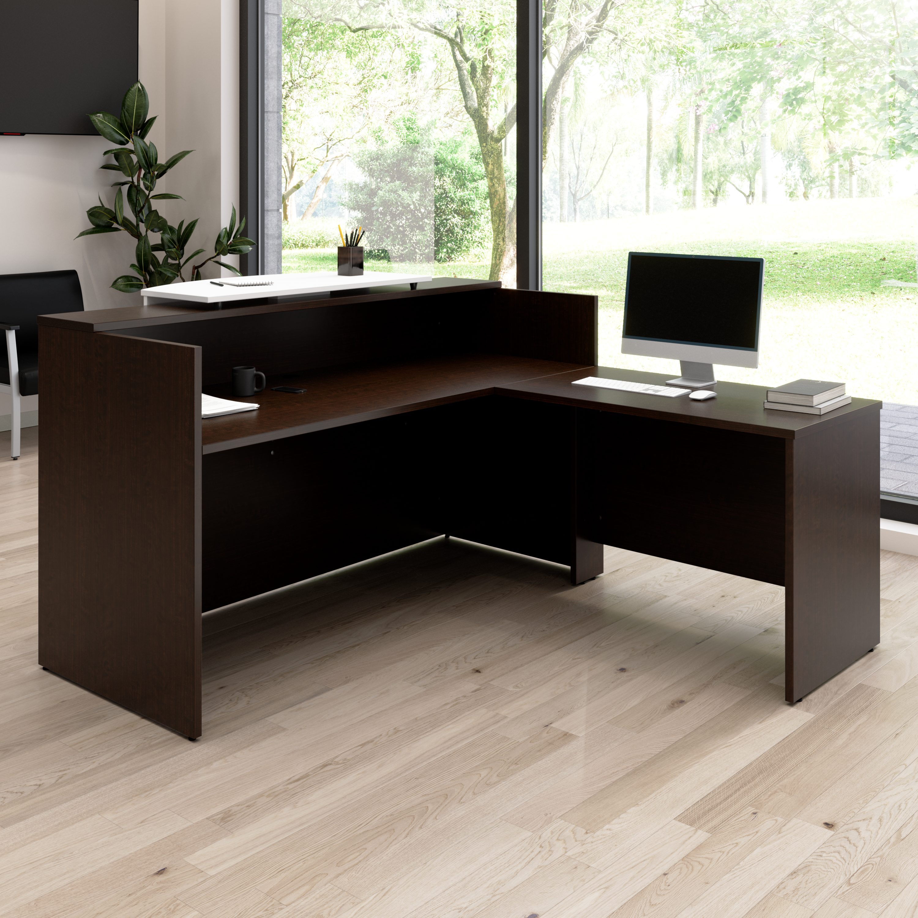 Shop Bush Business Furniture Arrive 72W x 72D L Shaped Reception Desk with Counter 01 ARV009MR #color_mocha cherry