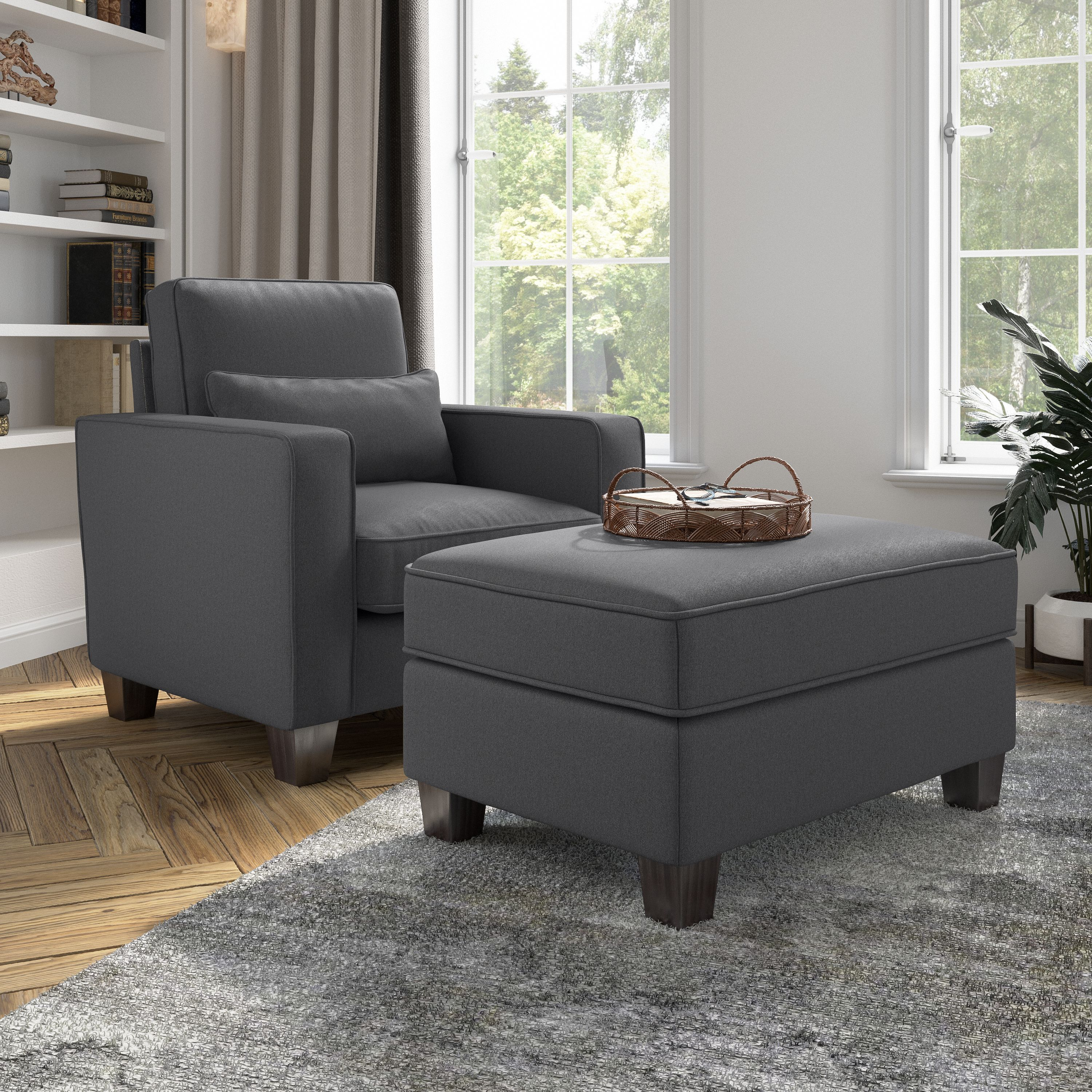 Shop Bush Furniture Stockton Accent Chair with Ottoman Set 01 SKT010CGH #color_charcoal gray herringbone fabr