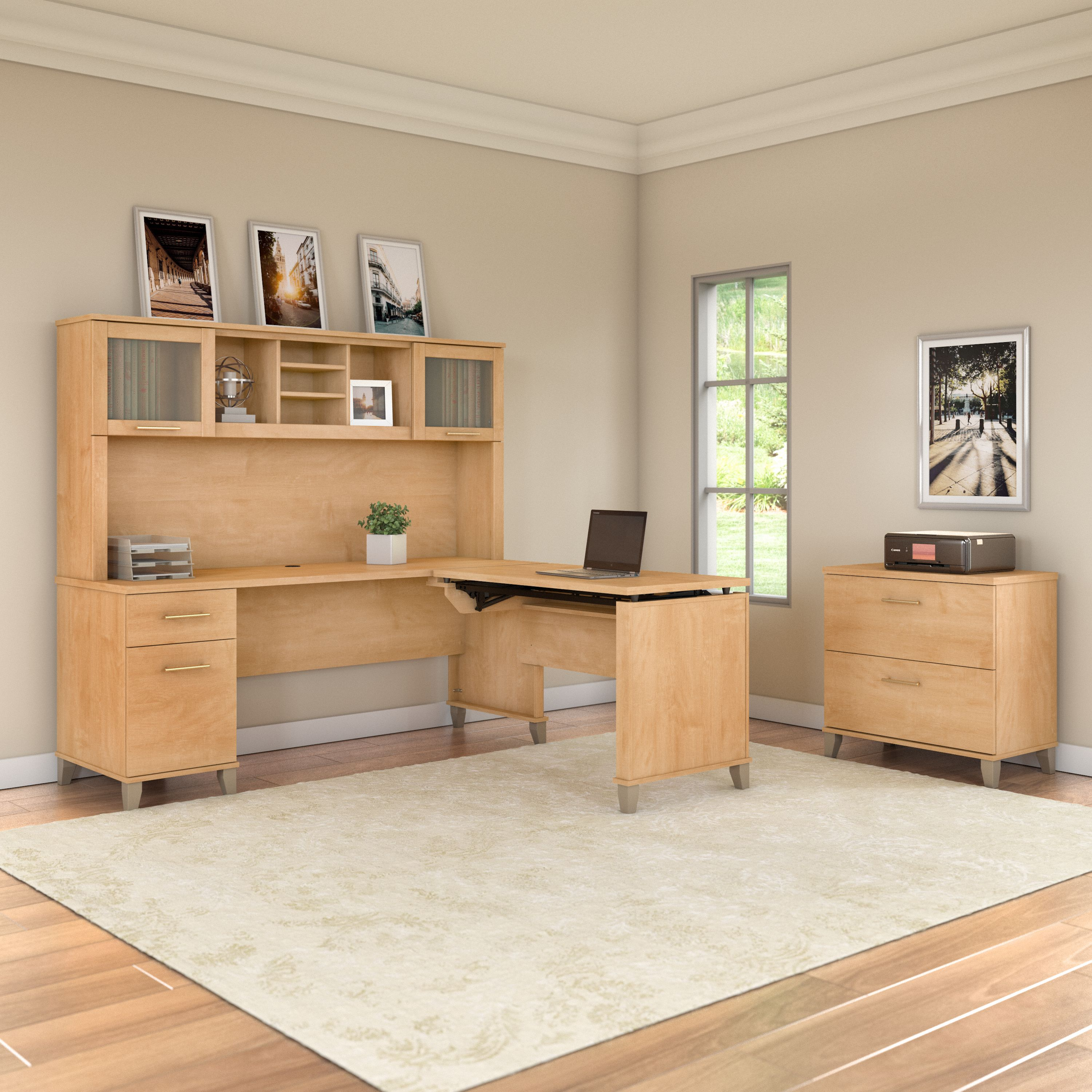 Shop Bush Furniture Somerset 72W 3 Position Sit to Stand L Shaped Desk with Hutch and File Cabinet 06 SET016MC #color_maple cross