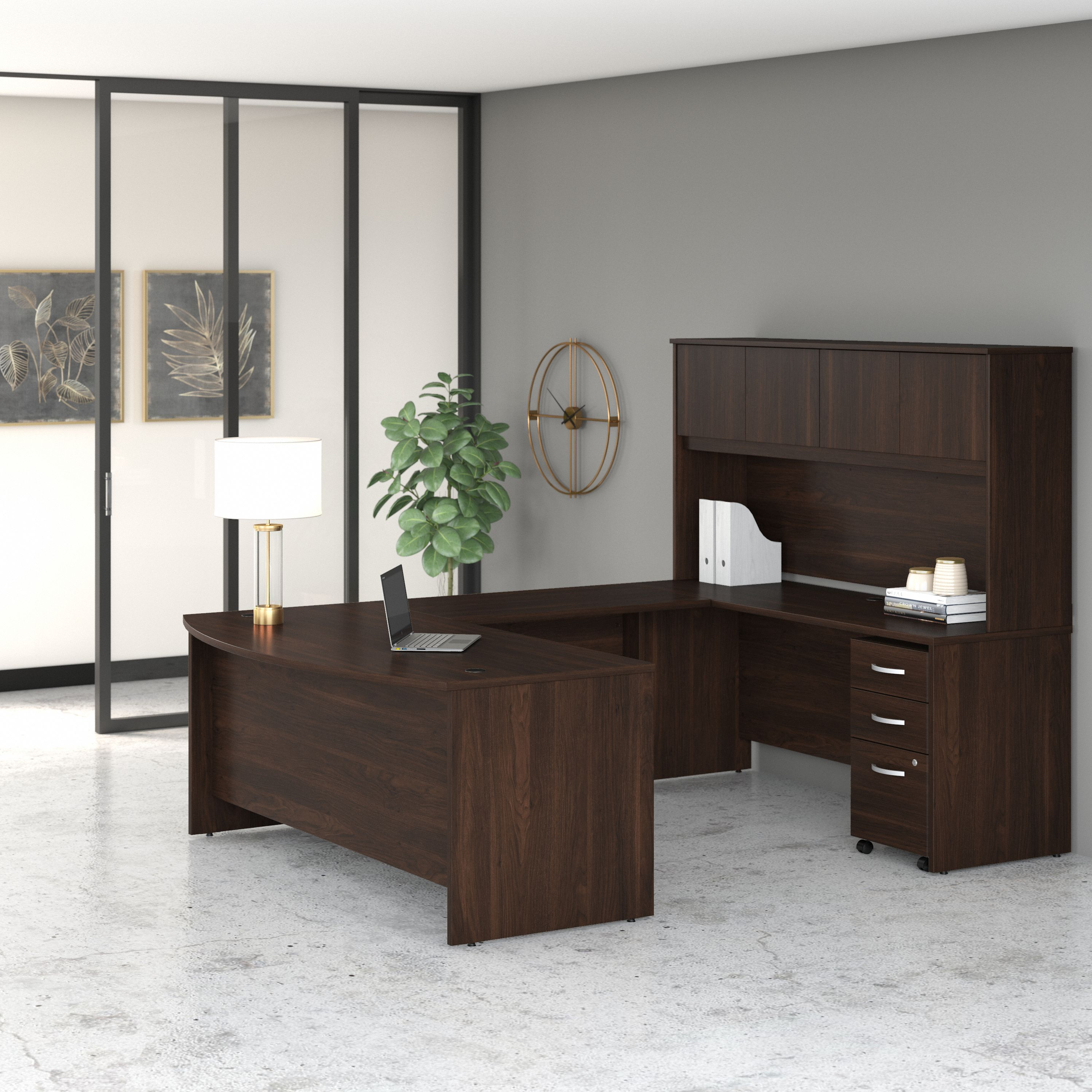 Shop Bush Business Furniture Studio C 72W x 36D U Shaped Desk with Hutch and Mobile File Cabinet 01 STC003BWSU #color_black walnut