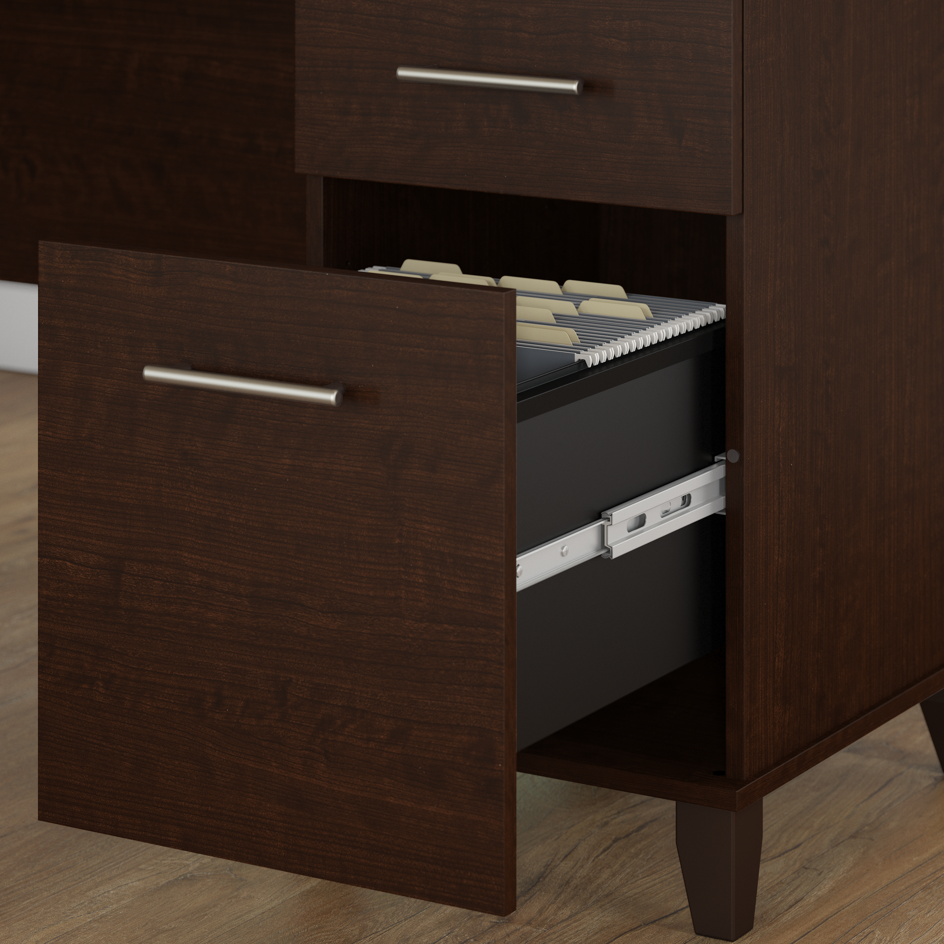 Shop Bush Furniture Somerset 60W L Shaped Desk with Hutch and 5 Shelf Bookcase 04 SET010MR #color_mocha cherry