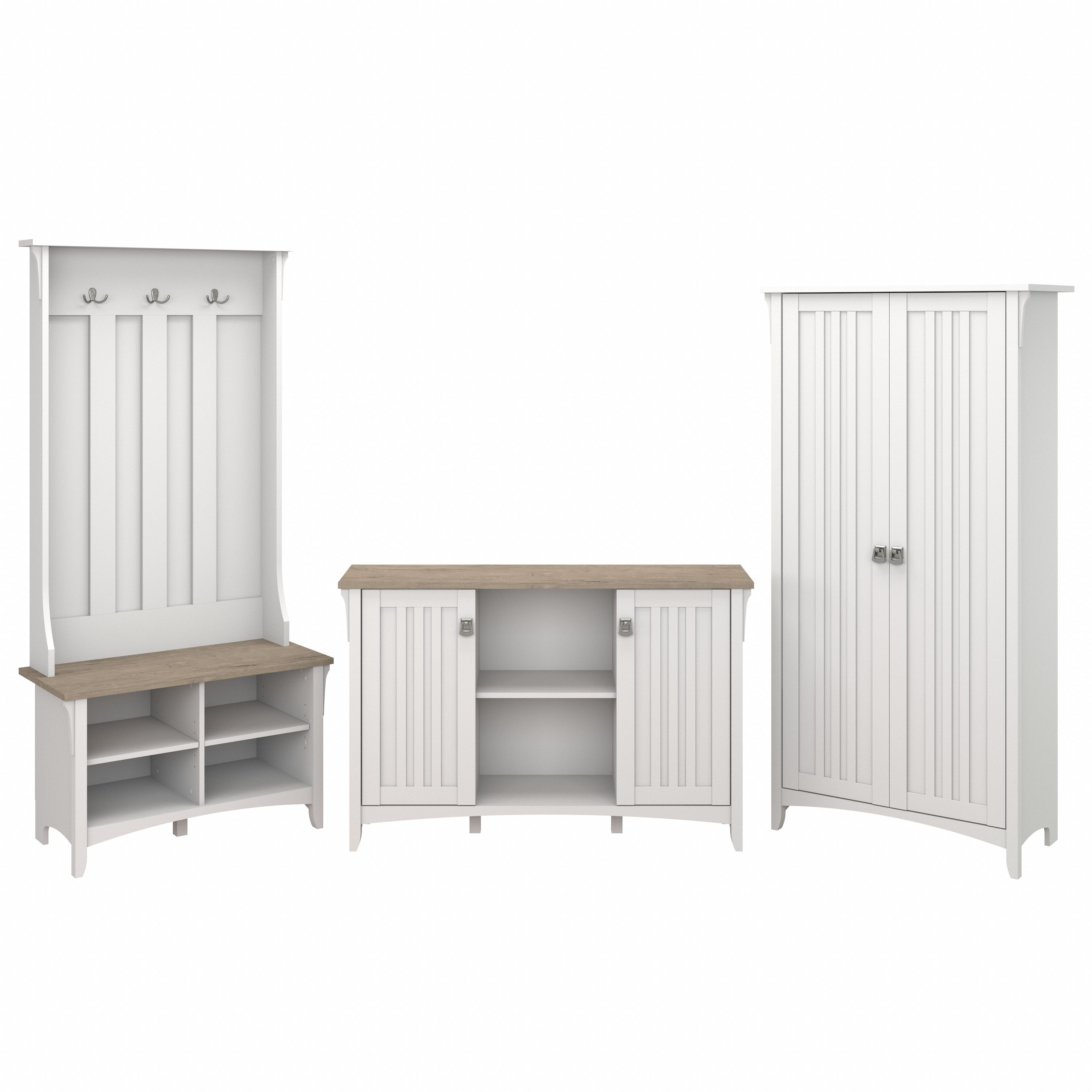 Shop Bush Furniture Salinas Entryway Storage Set with Hall Tree, Shoe Bench and Accent Cabinets 02 SAL016G2W #color_shiplap gray