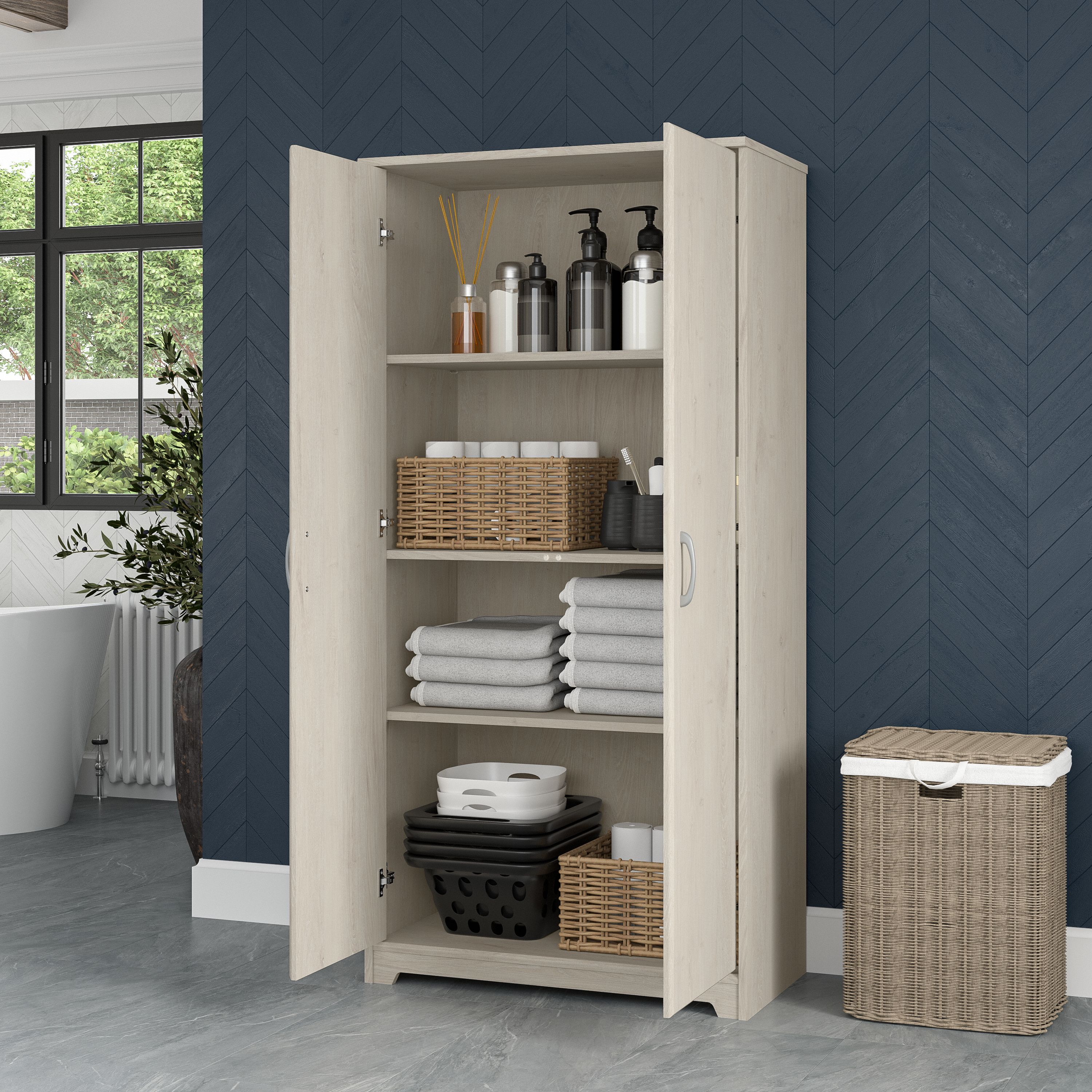 Shop Bush Furniture Cabot Tall Bathroom Storage Cabinet with Doors 06 WC31199-Z1 #color_linen white oak