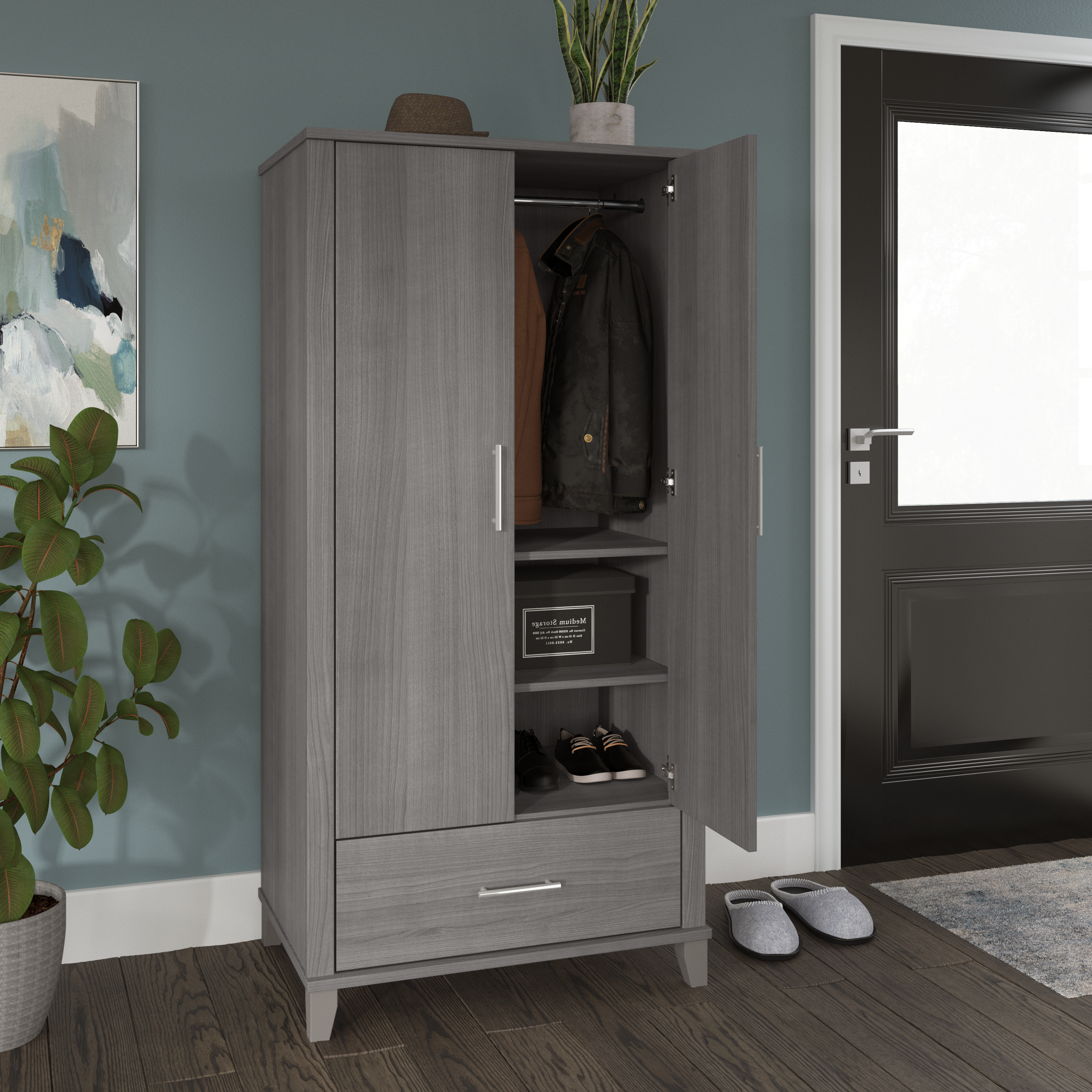 Shop Bush Furniture Somerset Tall Entryway Cabinet with Doors and Drawer 06 STS166PGK-Z1 #color_platinum gray