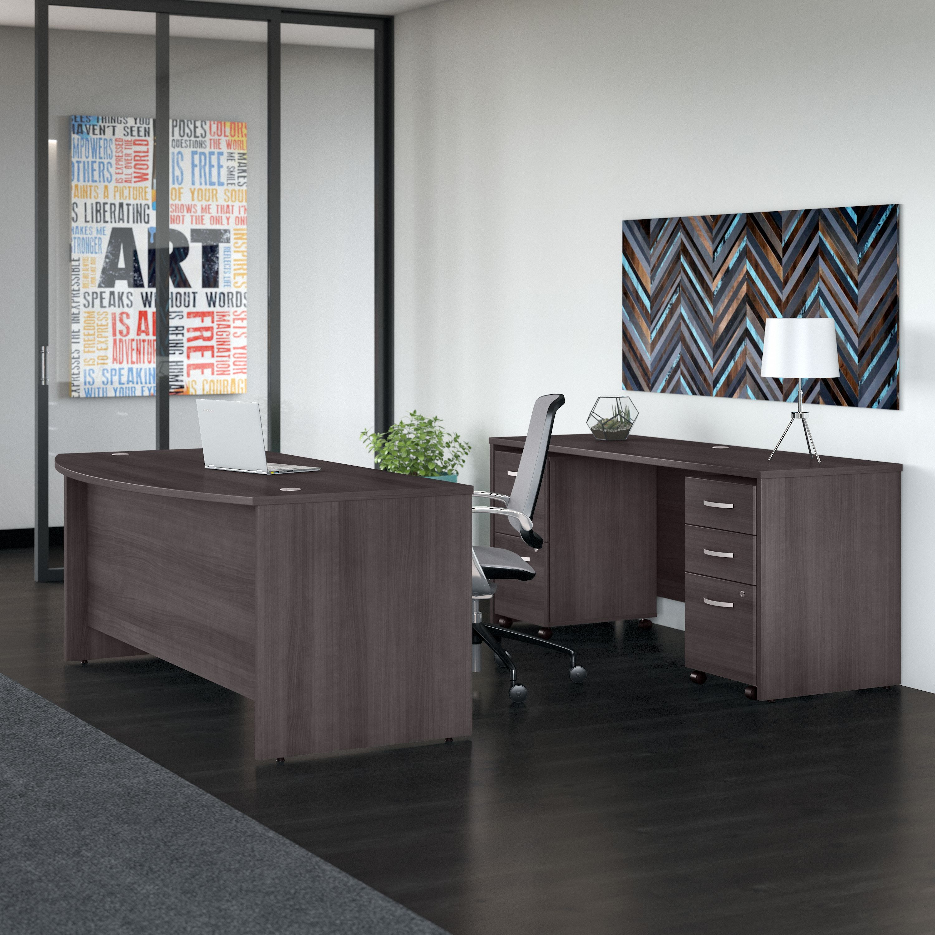 Shop Bush Business Furniture Studio C 72W x 36D Bow Front Desk and Credenza with Mobile File Cabinets 01 STC009SGSU #color_storm gray