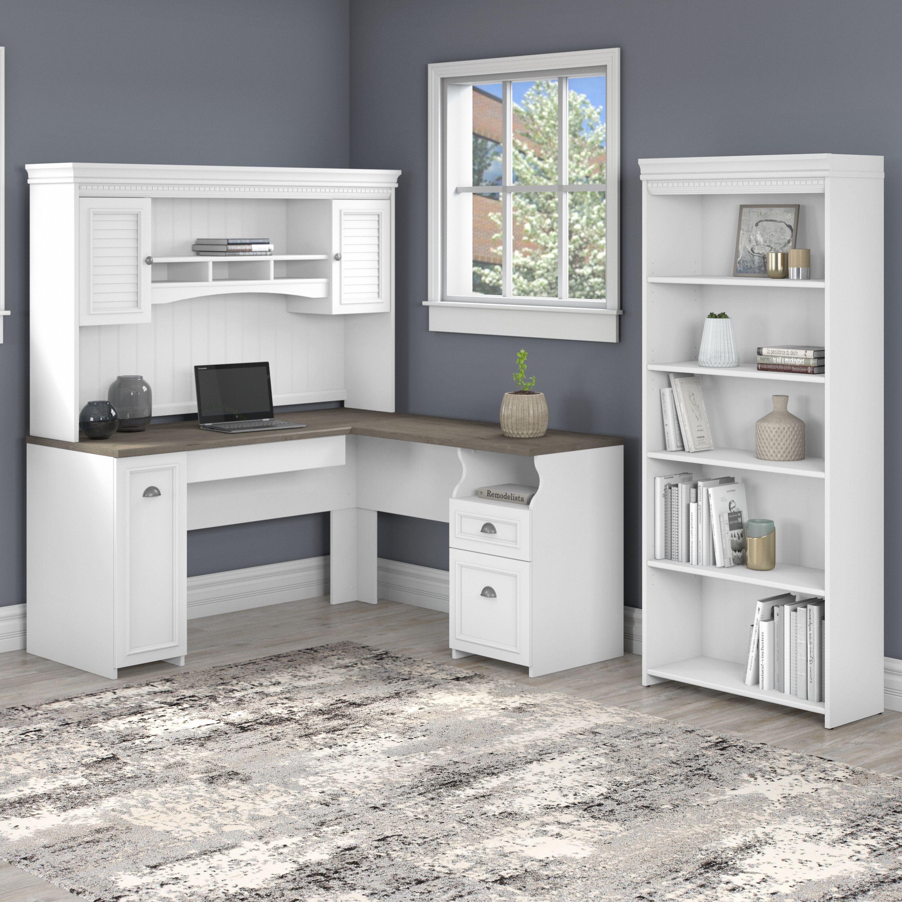 Shop Bush Furniture Fairview 60W L Shaped Desk with Hutch and 5 Shelf Bookcase 01 FV005G2W #color_shiplap gray/pure white