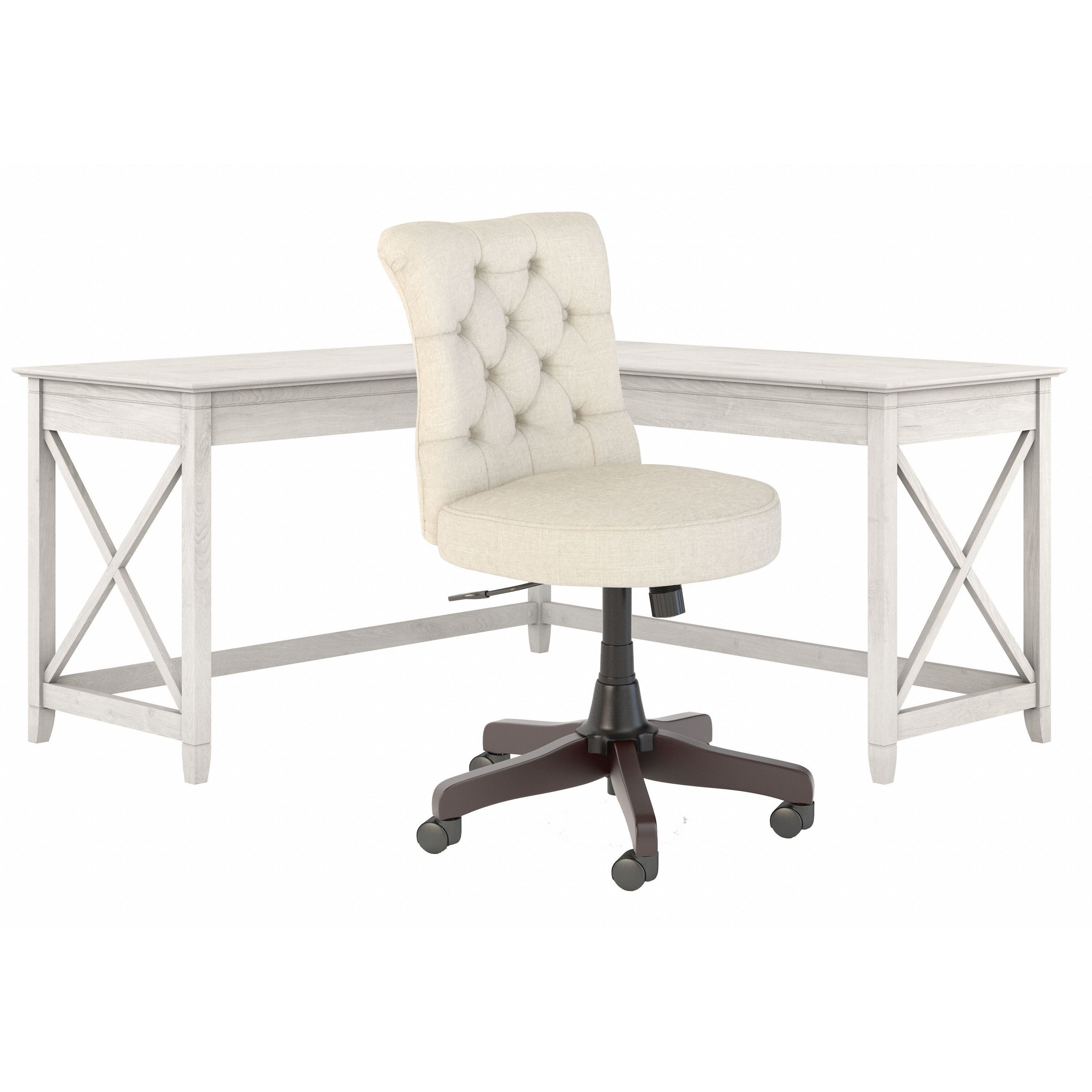 Shop Bush Furniture Key West 60W L Shaped Desk with Mid Back Tufted Office Chair 02 KWS045LW #color_linen white oak