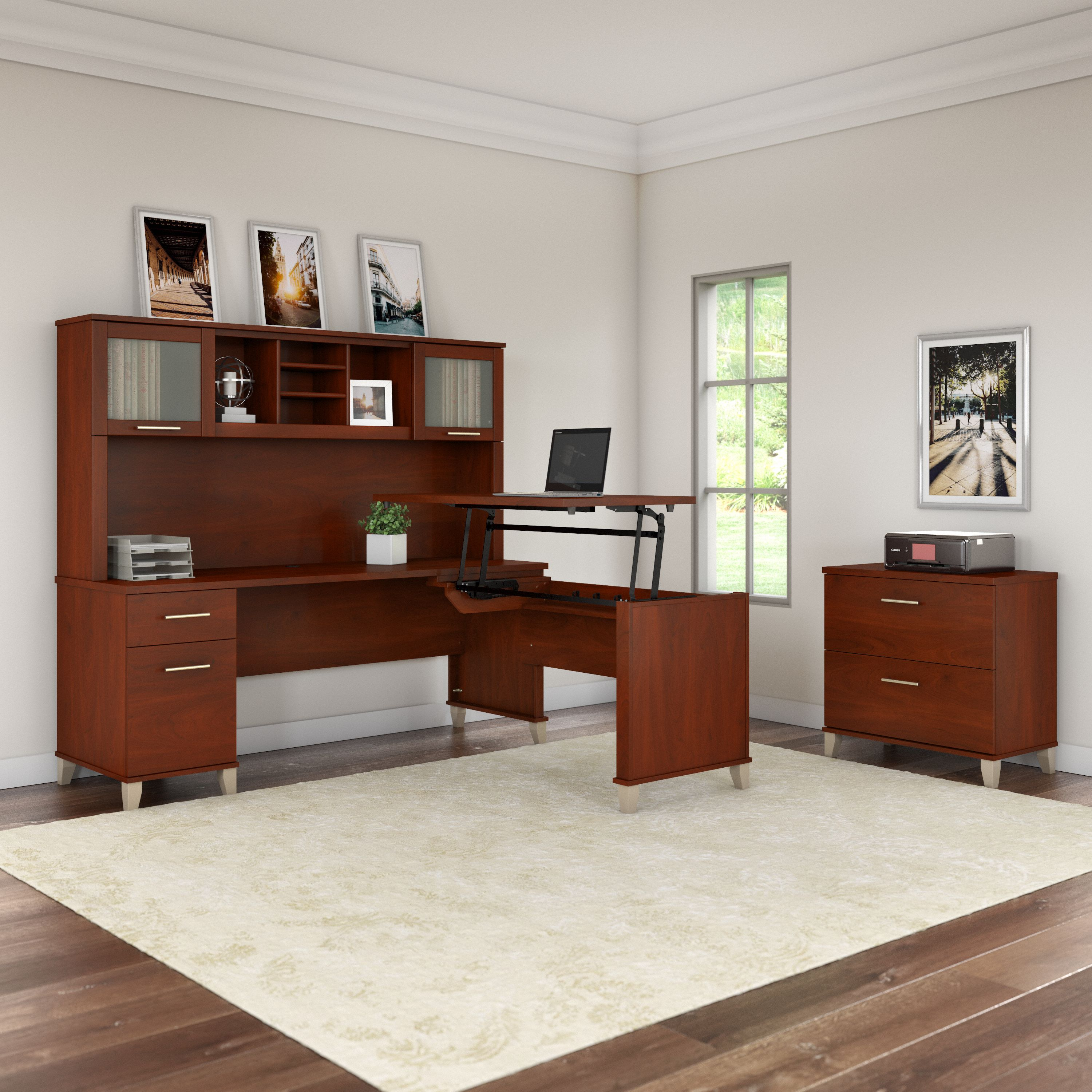 Shop Bush Furniture Somerset 72W 3 Position Sit to Stand L Shaped Desk with Hutch and File Cabinet 01 SET016HC #color_hansen cherry