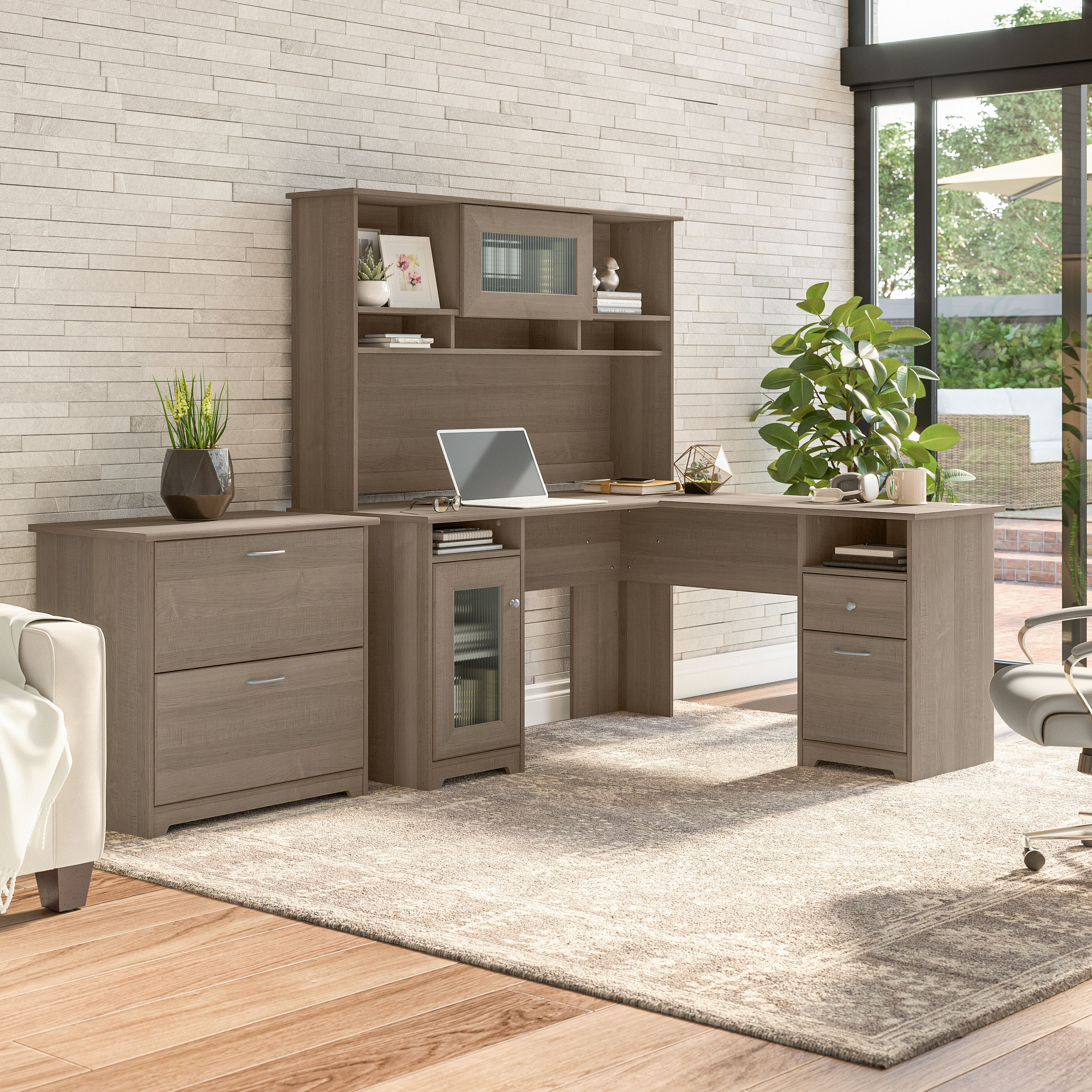 Shop Bush Furniture Cabot 60W L Shaped Computer Desk with Hutch and Lateral File Cabinet 01 CAB005AG #color_ash gray