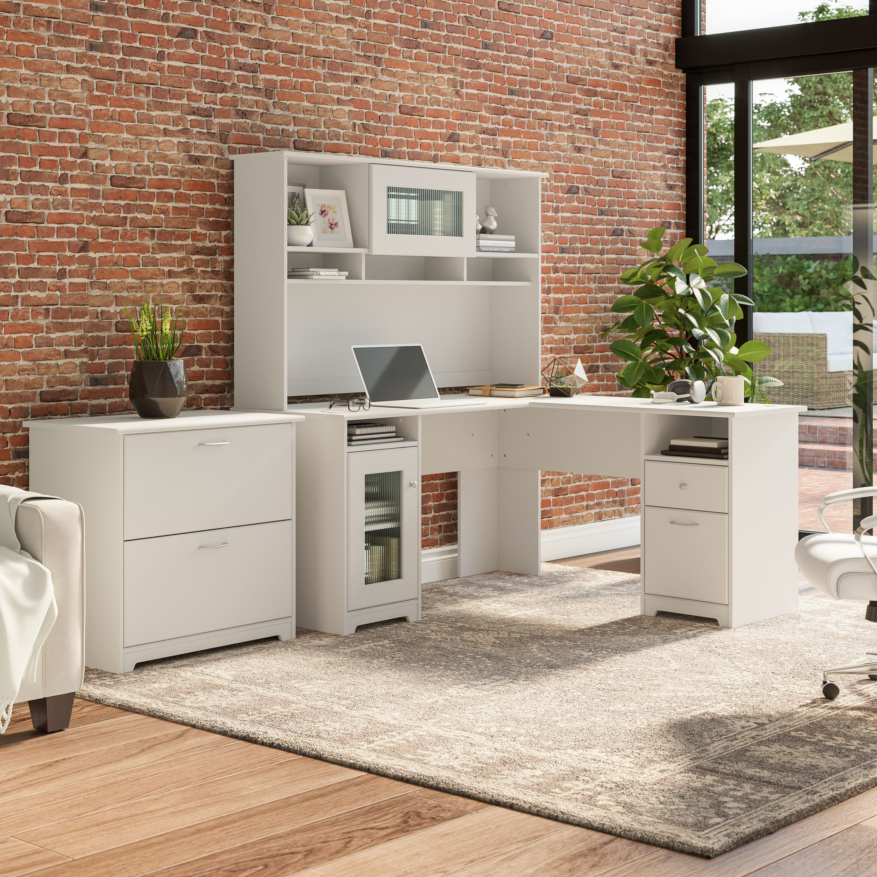 Shop Bush Furniture Cabot 60W L Shaped Computer Desk with Hutch and Lateral File Cabinet 01 CAB005WHN #color_white