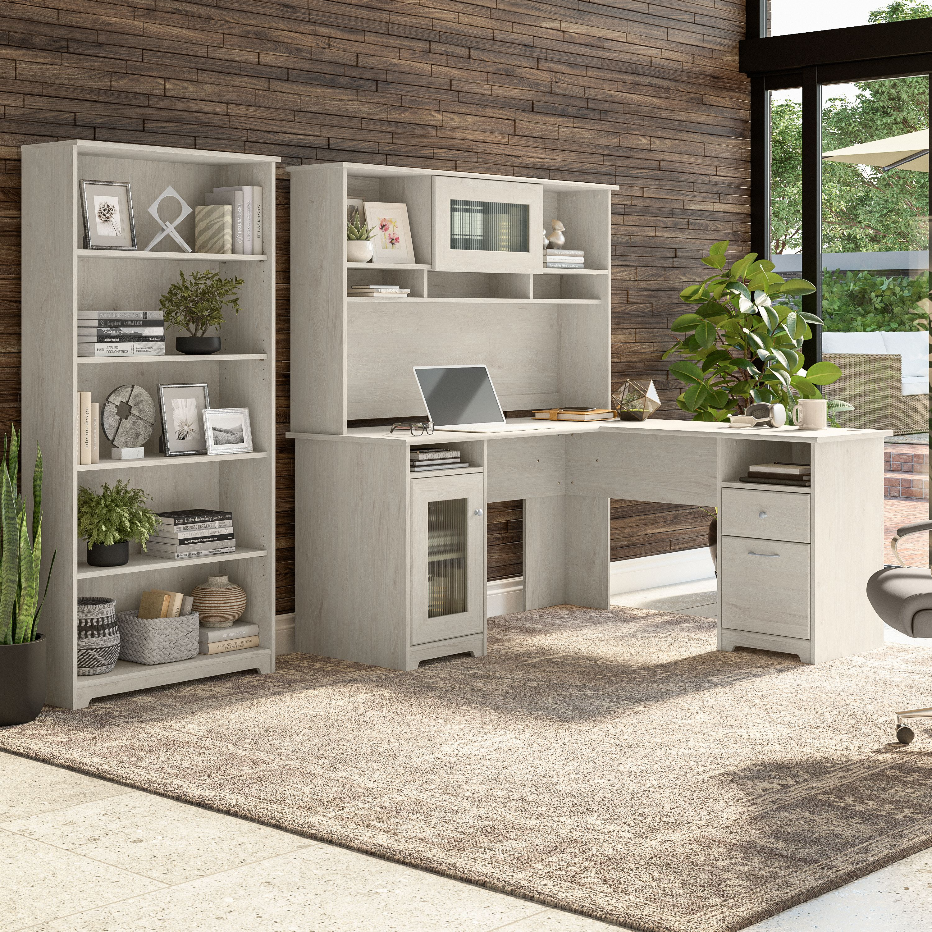 Shop Bush Furniture Cabot 60W L Shaped Computer Desk with Hutch and 5 Shelf Bookcase 01 CAB011LW #color_linen white oak