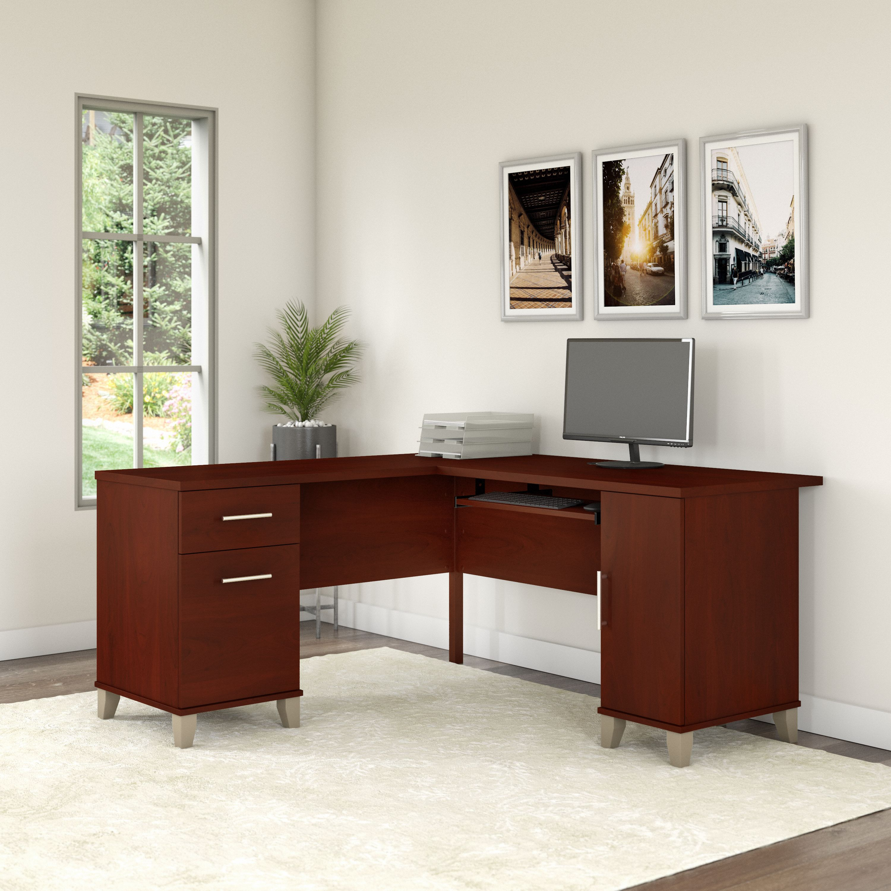 Shop Bush Furniture Somerset 60W L Shaped Desk with Storage 01 WC81730K #color_hansen cherry