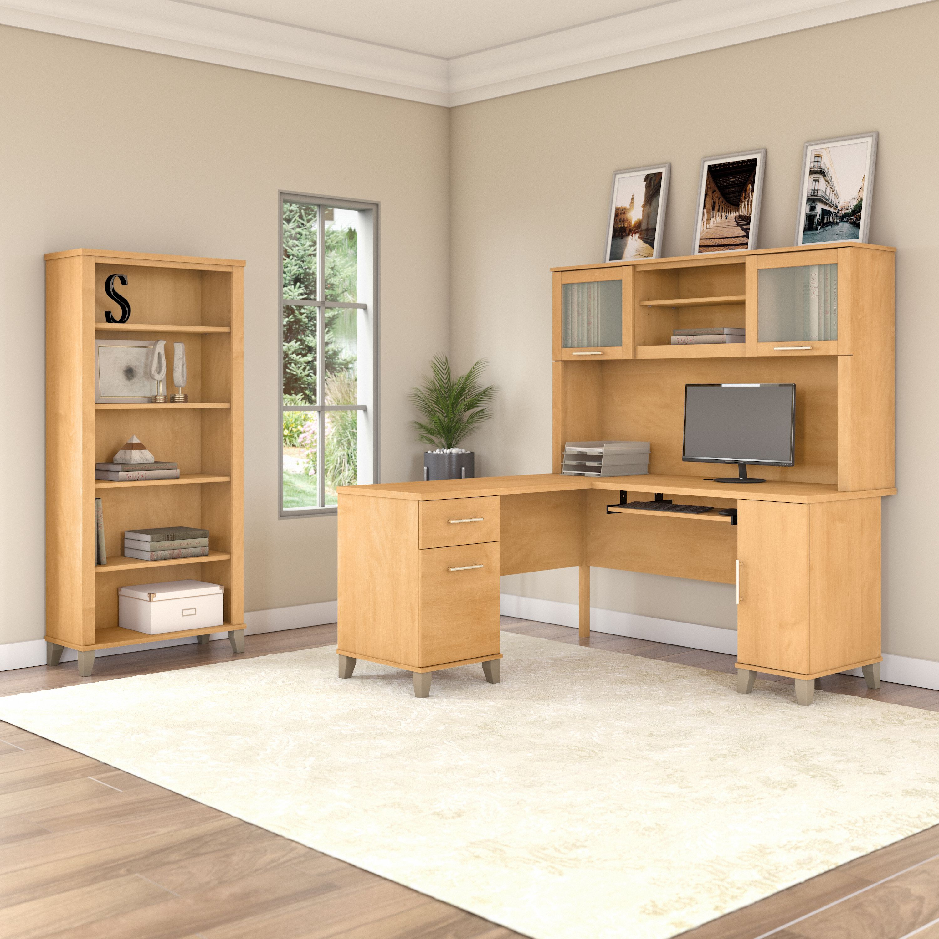 Shop Bush Furniture Somerset 60W L Shaped Desk with Hutch and 5 Shelf Bookcase 01 SET010MC #color_maple cross