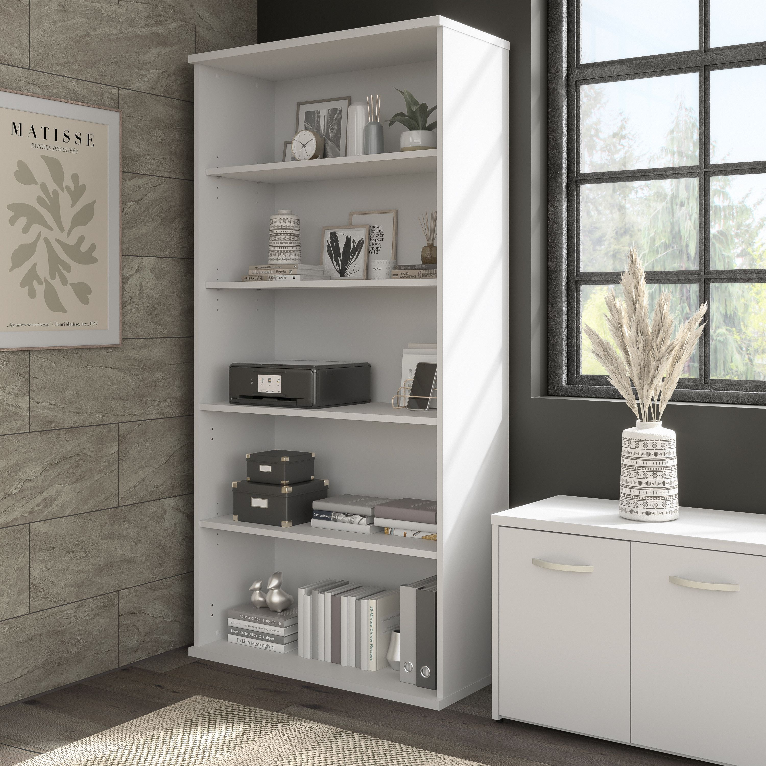 Shop Bush Business Furniture Hybrid Tall 5 Shelf Bookcase 01 HYB136WH-Z #color_white