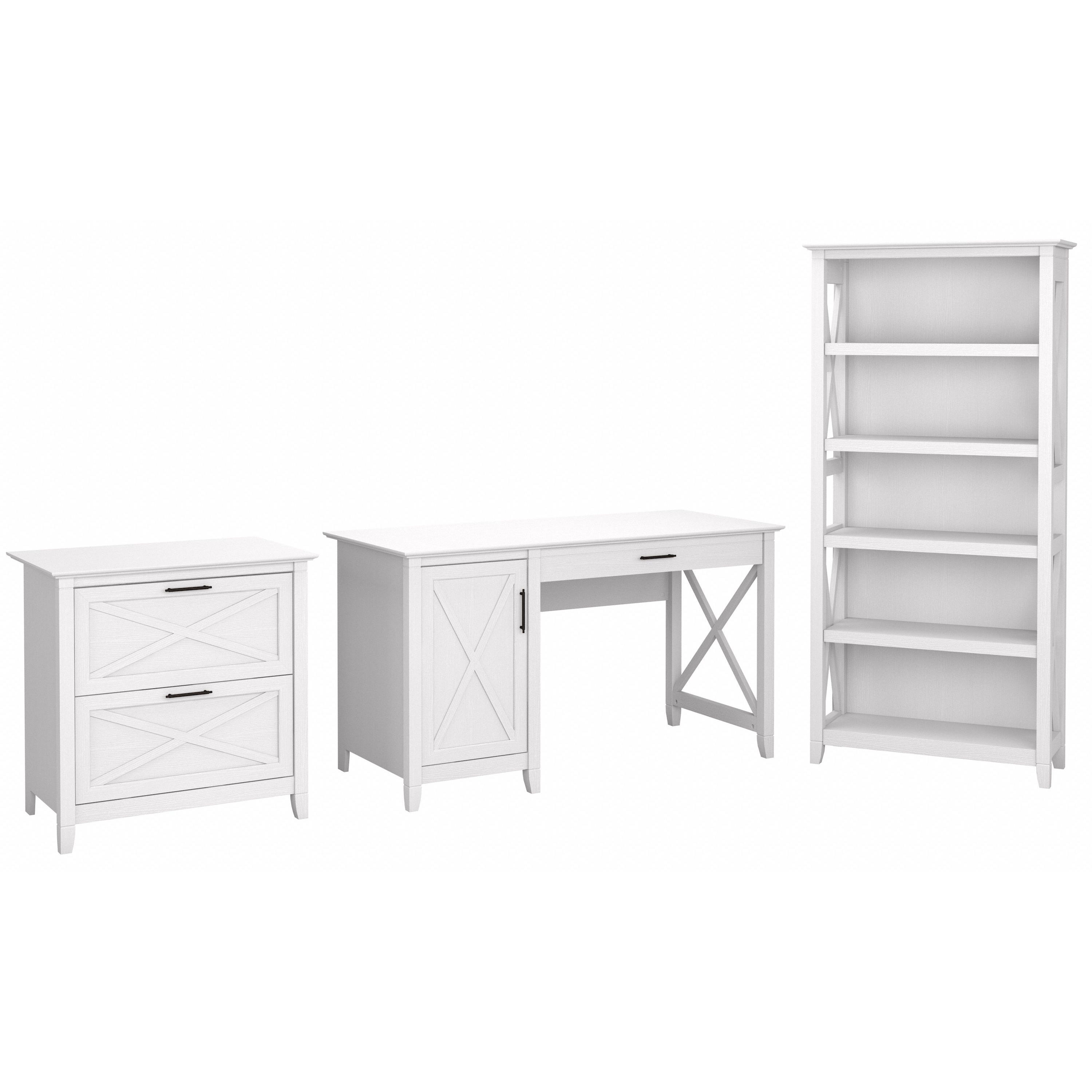 Shop Bush Furniture Key West 54W Computer Desk with 2 Drawer Lateral File Cabinet and 5 Shelf Bookcase 02 KWS009WT #color_pure white oak