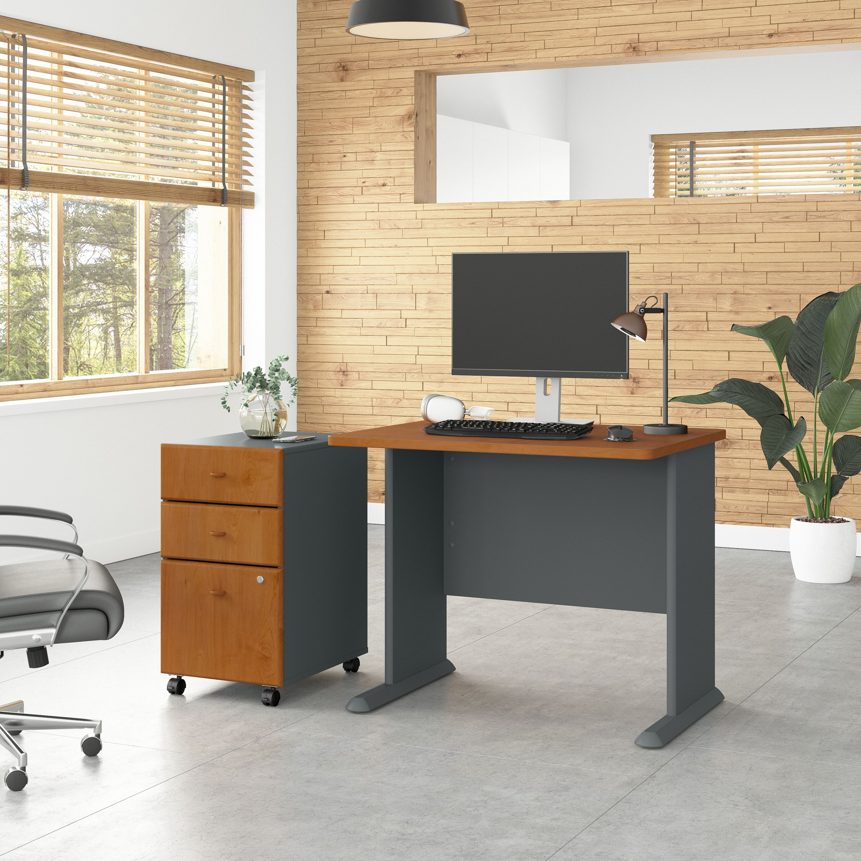 Shop Bush Business Furniture Series A 36W Desk with Mobile File Cabinet 01 SRA024NCSU #color_natural cherry/slate