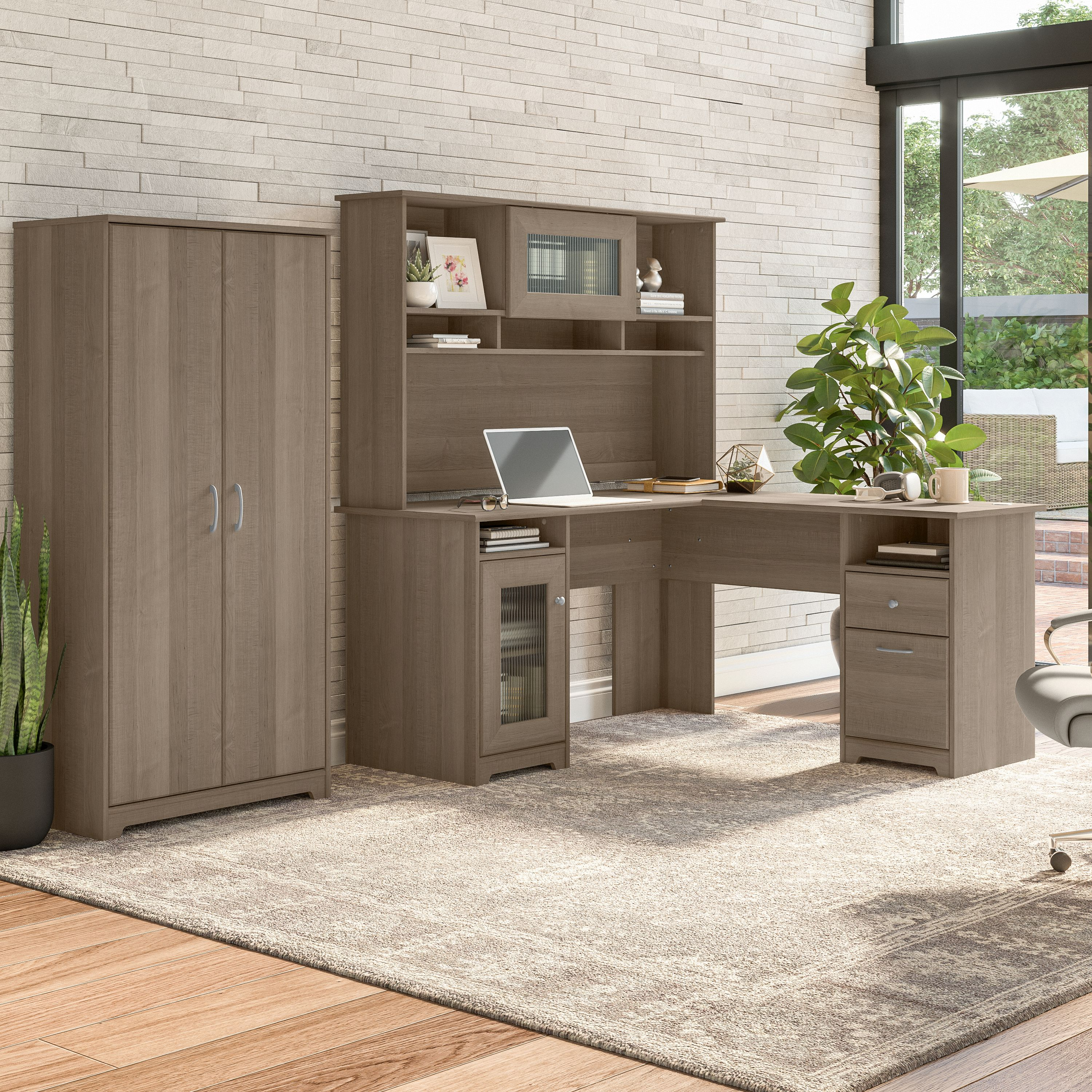 Shop Bush Furniture Cabot 60W L Shaped Computer Desk with Hutch and Tall Storage Cabinet 01 CAB017AG #color_ash gray